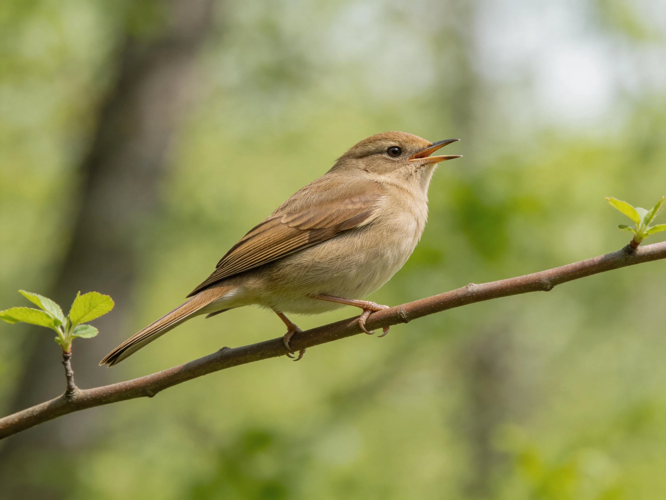 A small brown bird perches on a thin tree branch with green foliage
