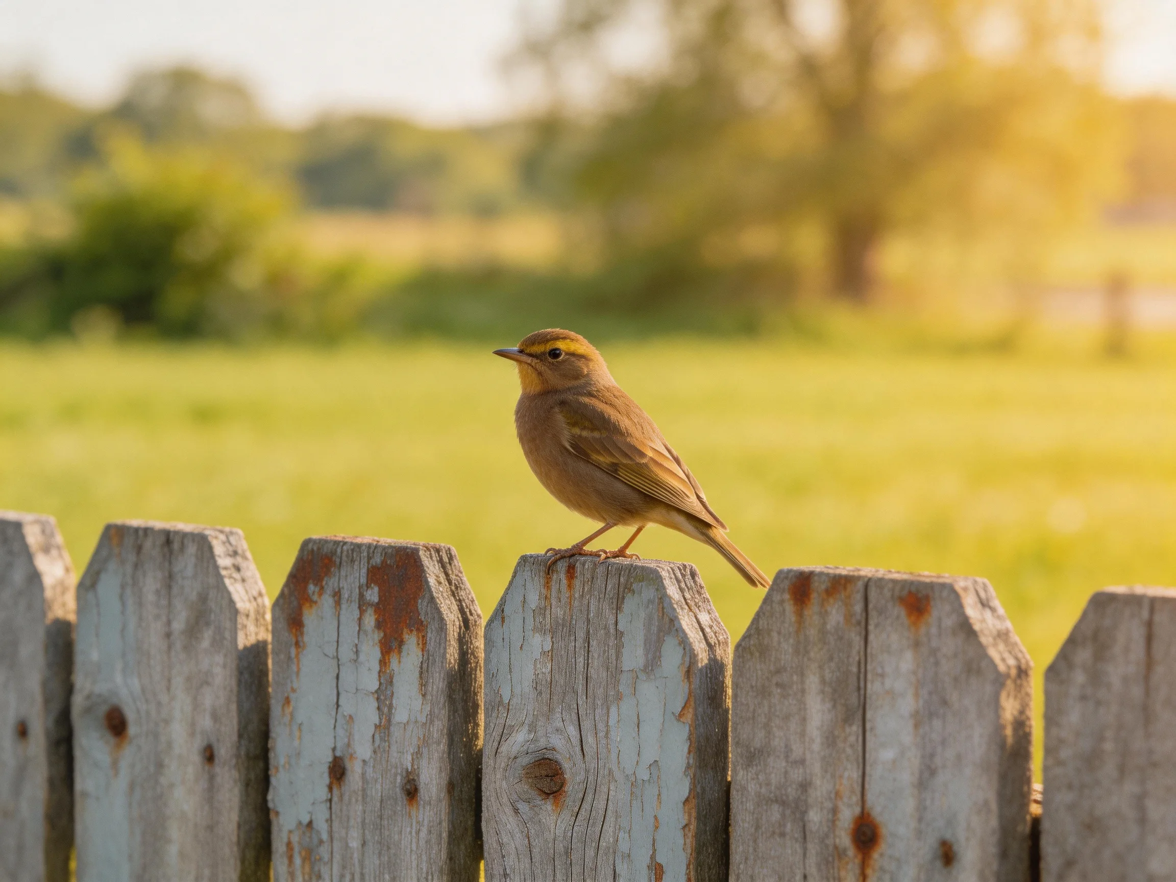 A small brown bird perches on a weathered picket fence