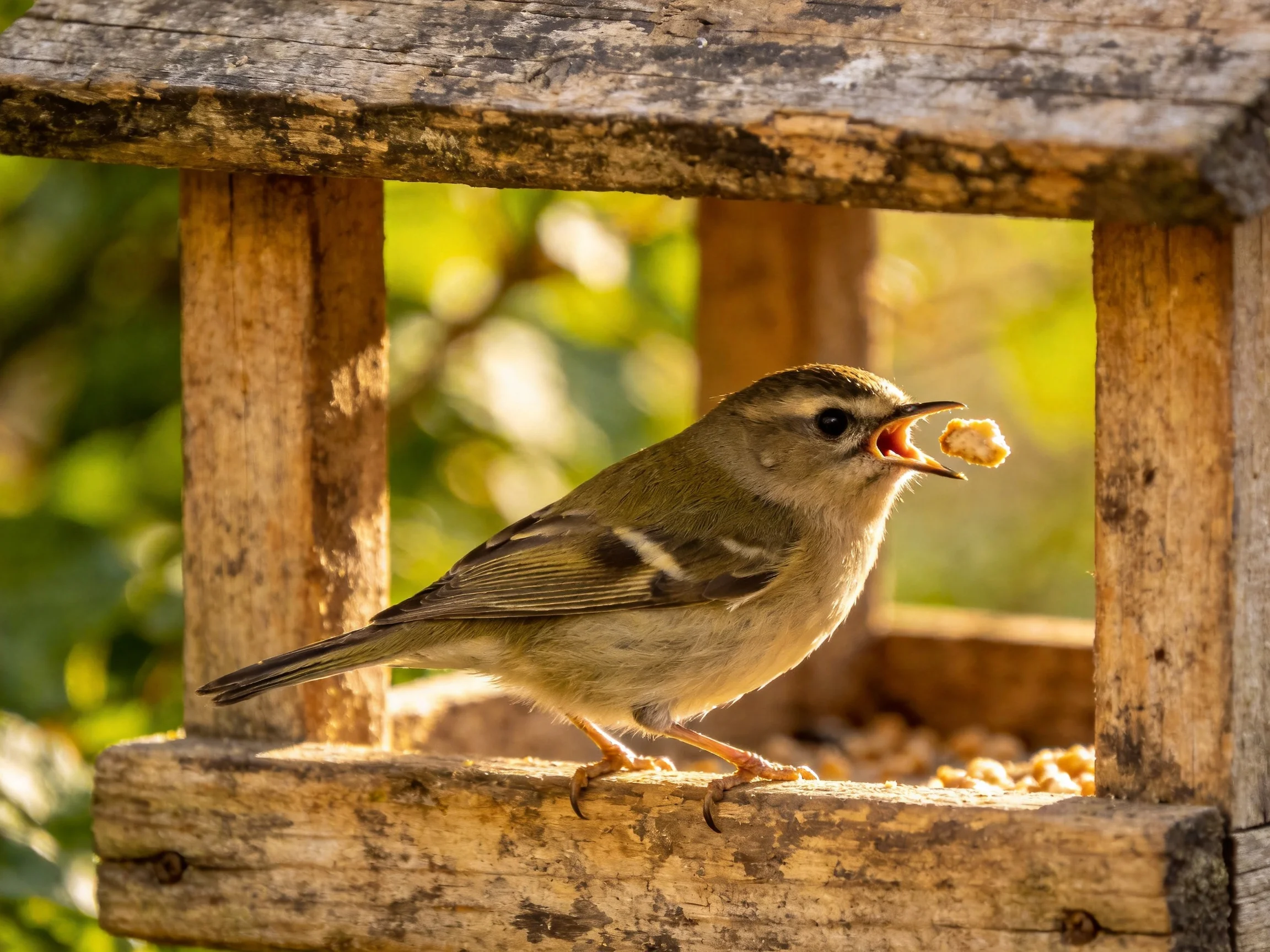 A small brown bird perches on a weathered wooden feeder