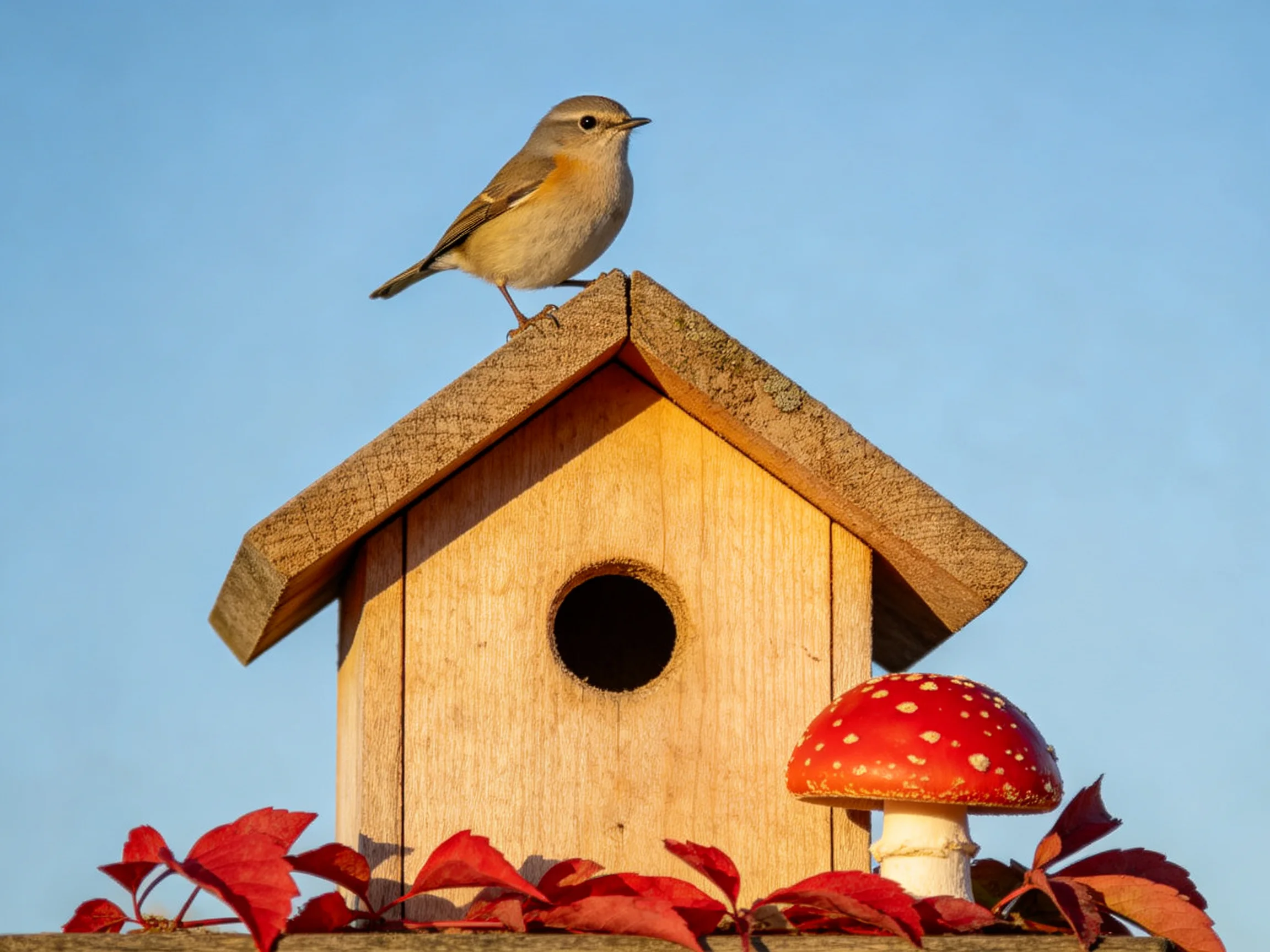 A small brown bird perches on a wooden birdhouse beside a red-spotted mushroom