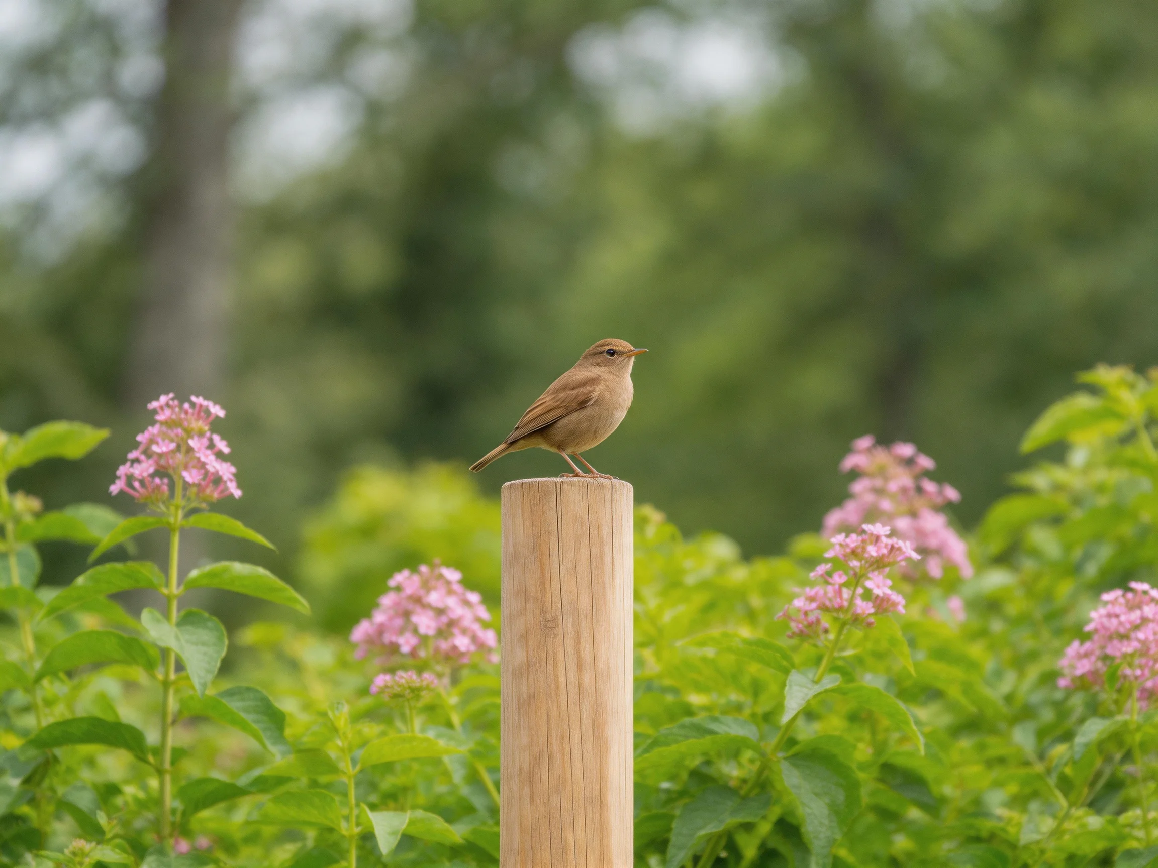 A small brown bird perches on a wooden post near pink flowers and greenery