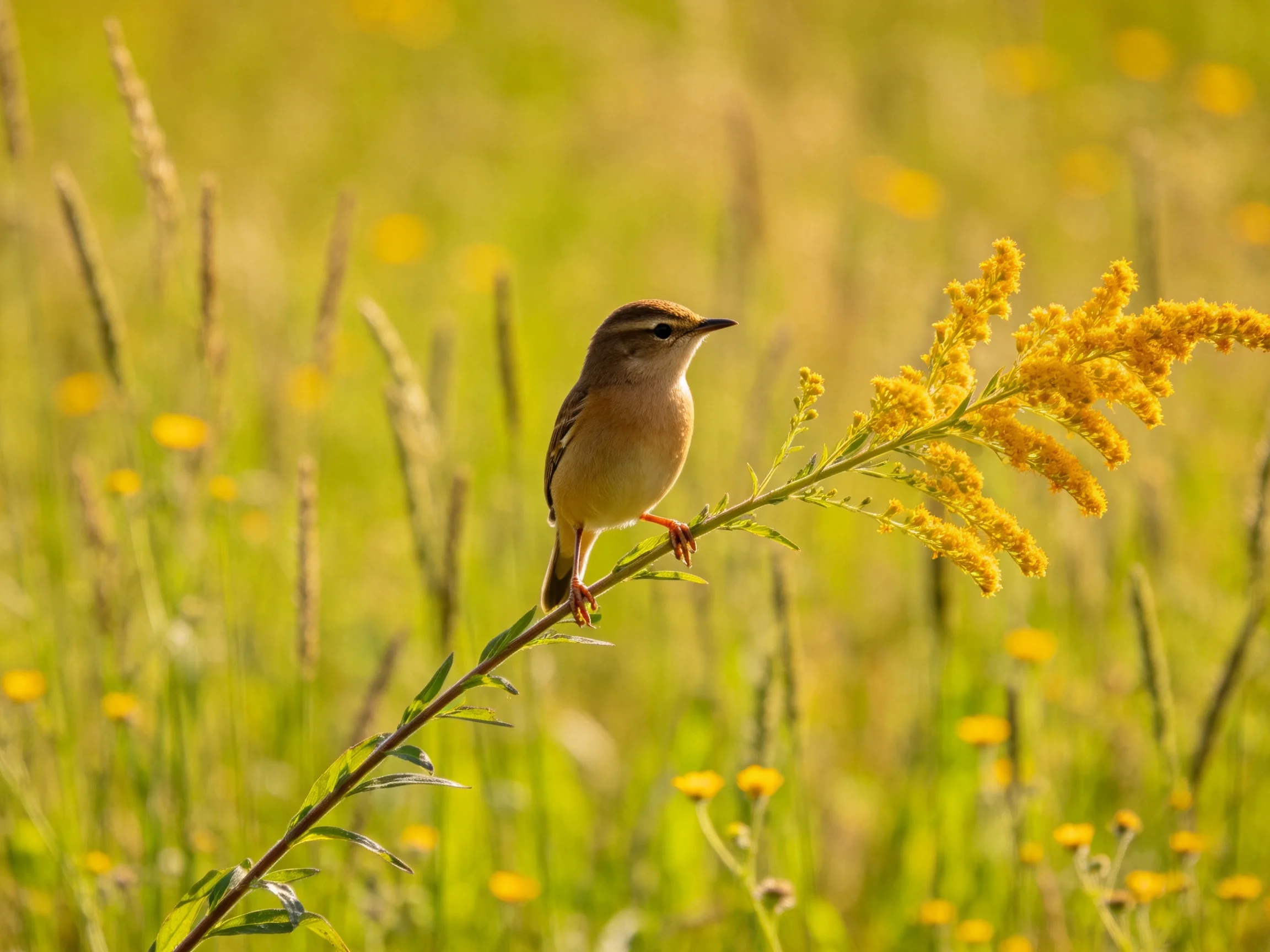 A small brown bird perches on golden-yellow flowering stem amid green meadow