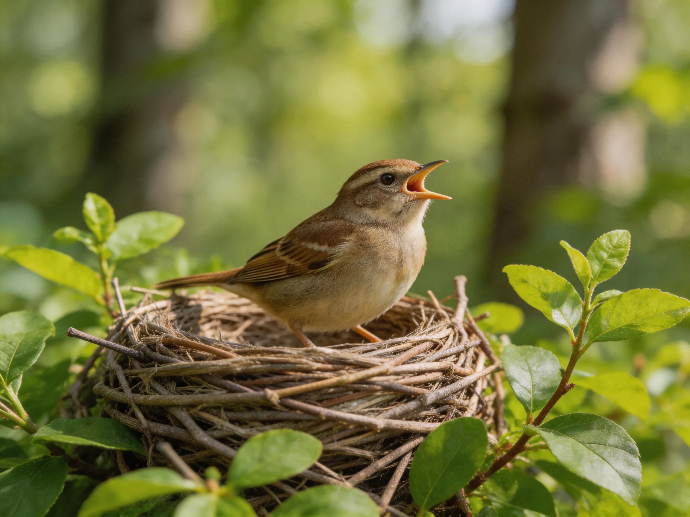 A small brown bird singing in a woven nest amid lush greenery