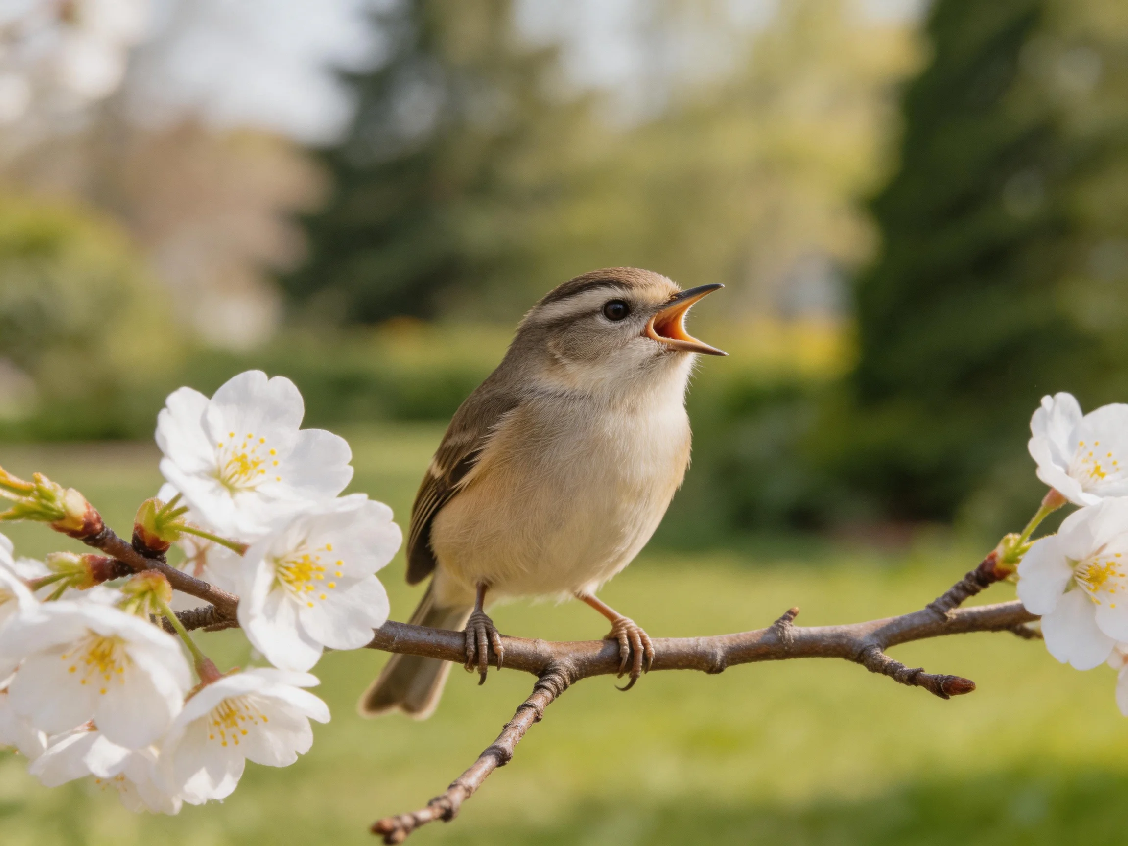 A small bird sings while perched on a branch with white flowers.