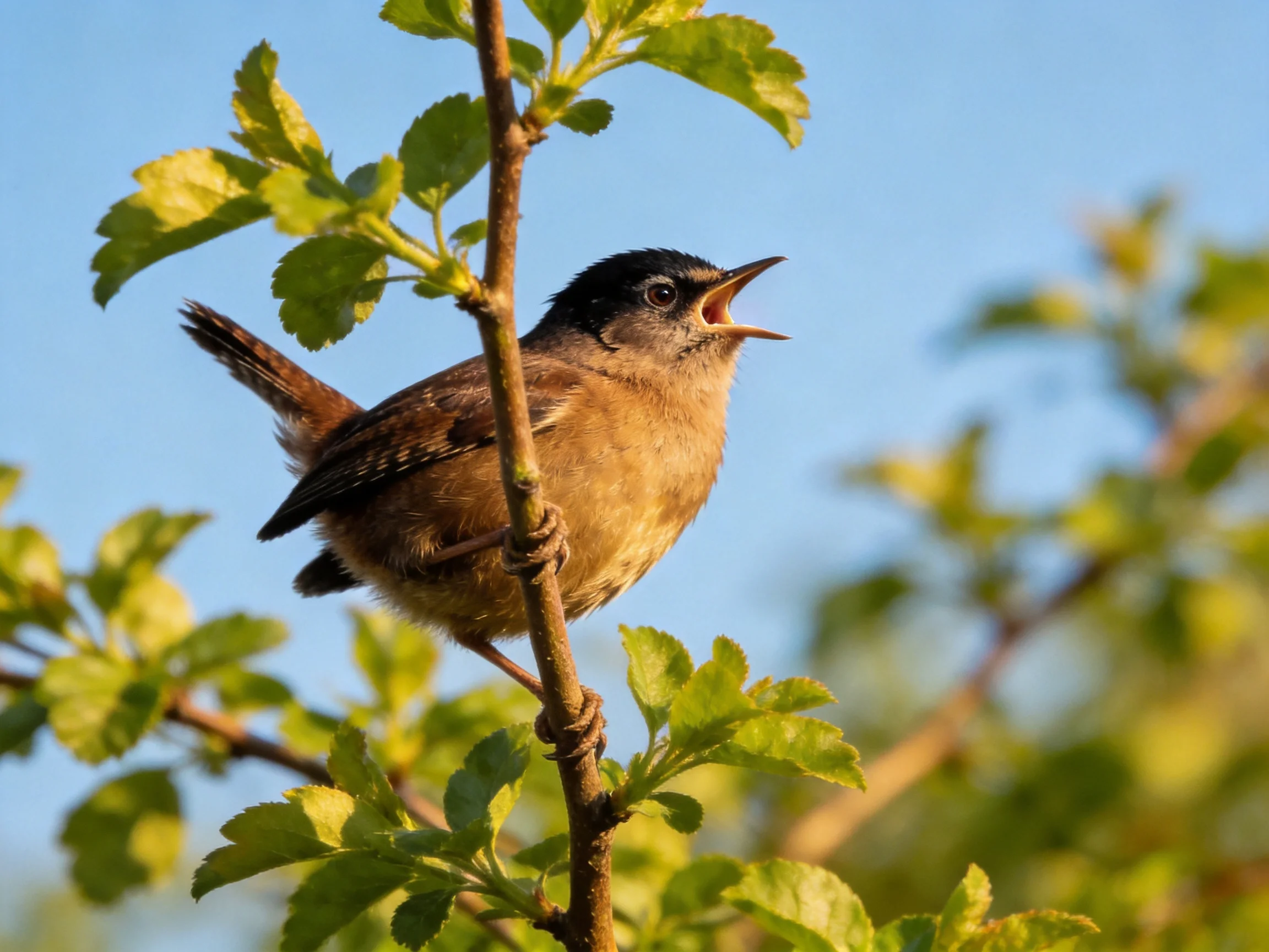 A small brown bird sings on a leafy branch under clear blue sky