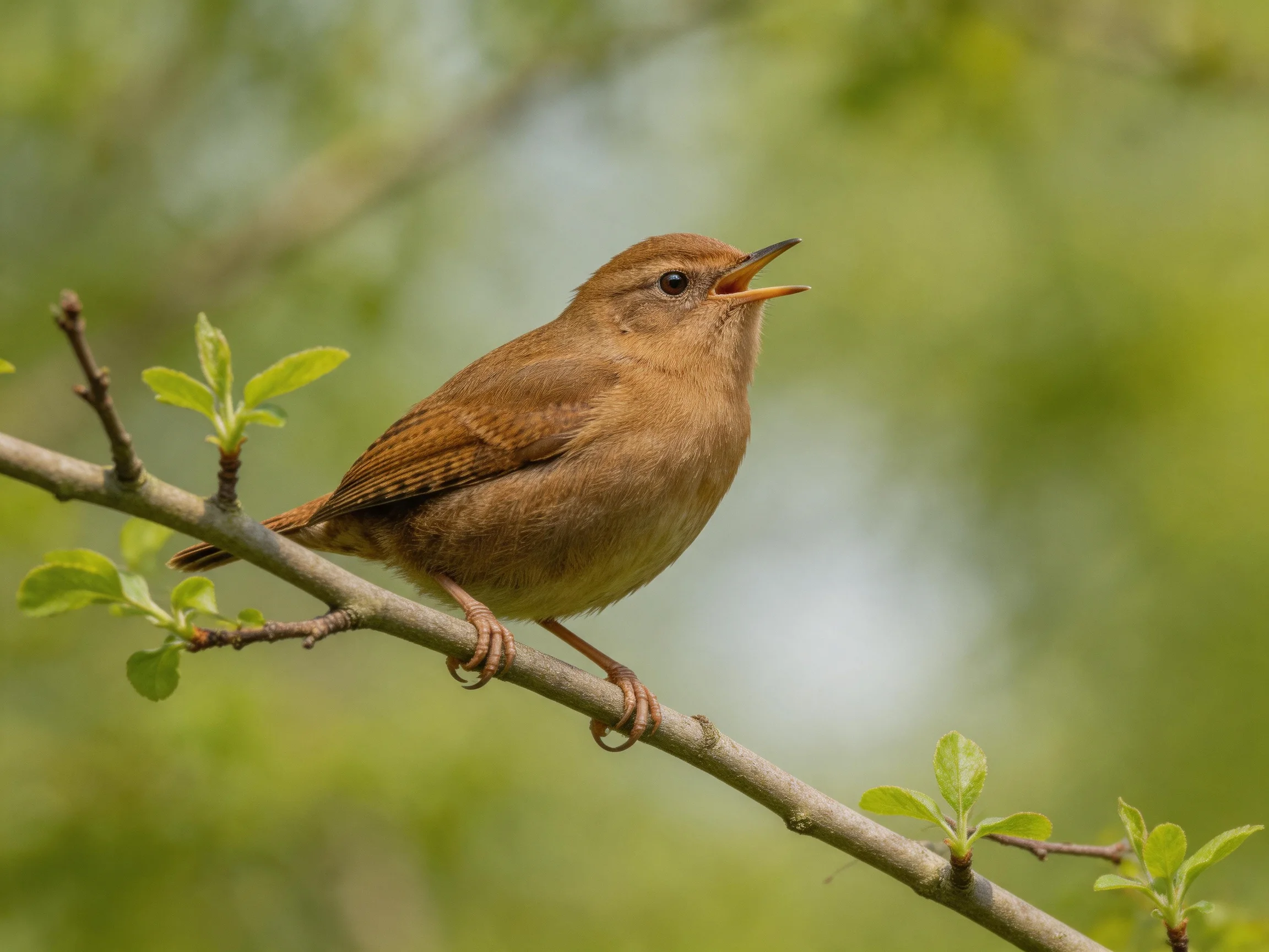 A small brown bird sings on a leafy branch with green leaves.