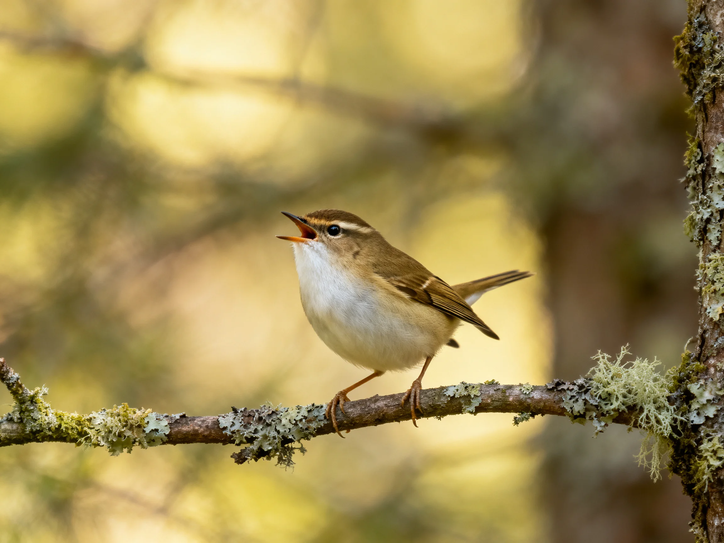 A small brown bird sings on a lichen-draped branch