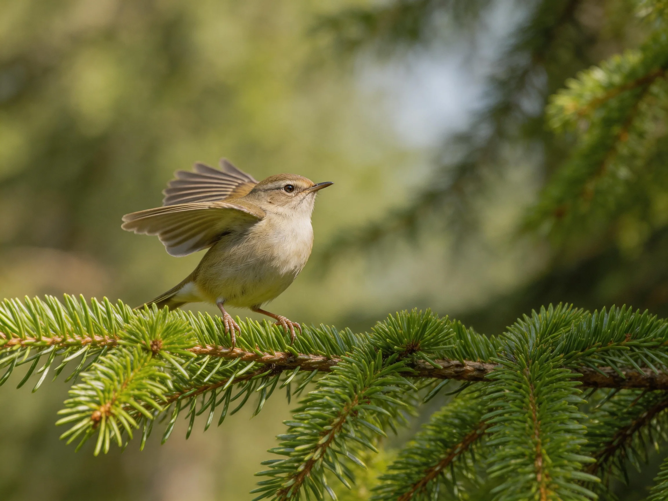 A small brown bird spreading wings on green pine branches