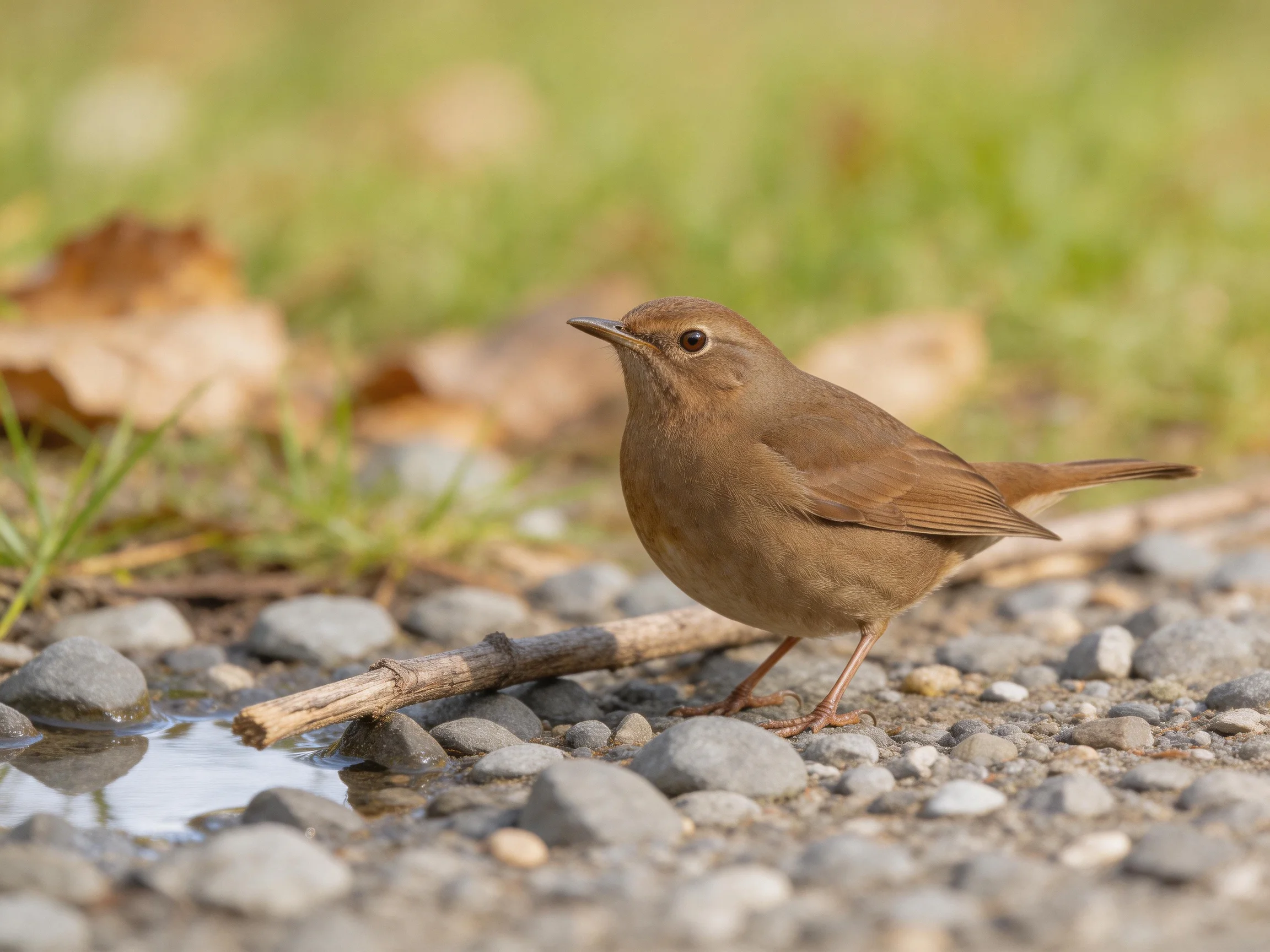 A small brown bird stands amid pebbles, water, and fallen leaves.