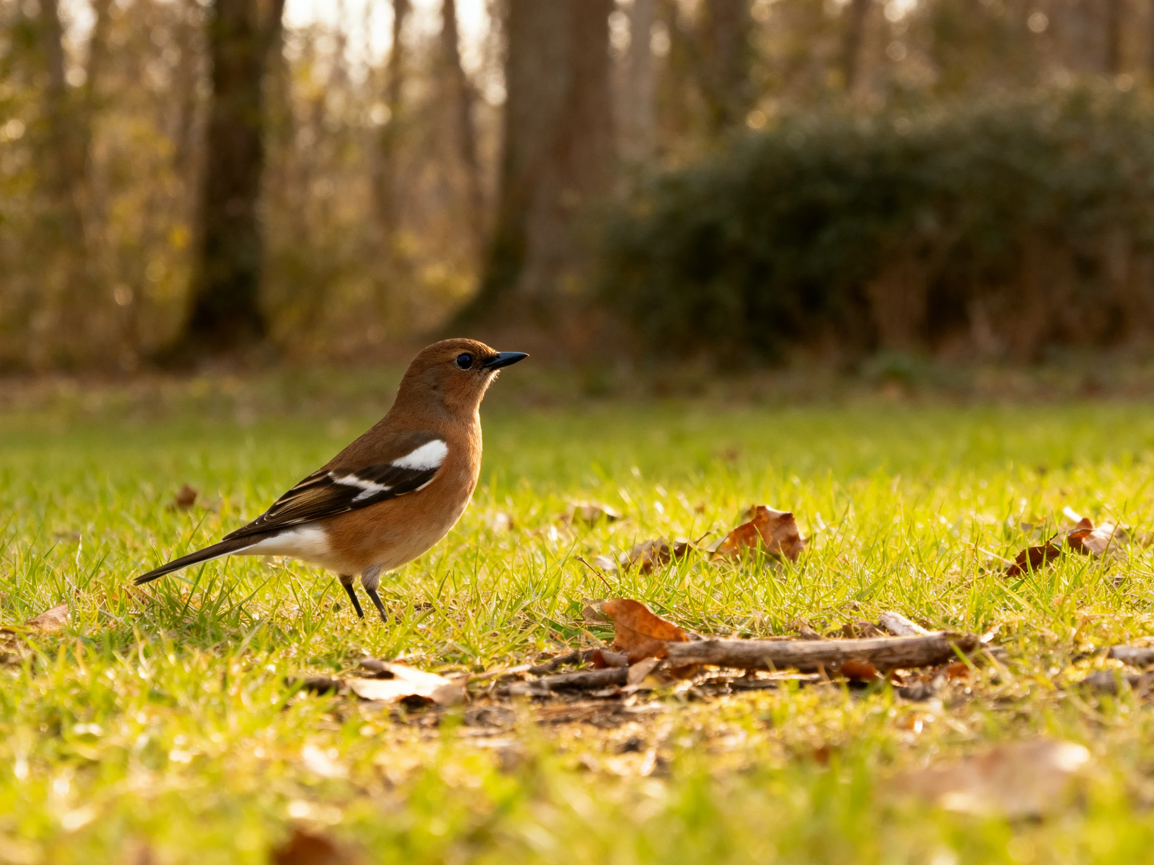 A small brown bird stands on green grass in a wooded area with trees.