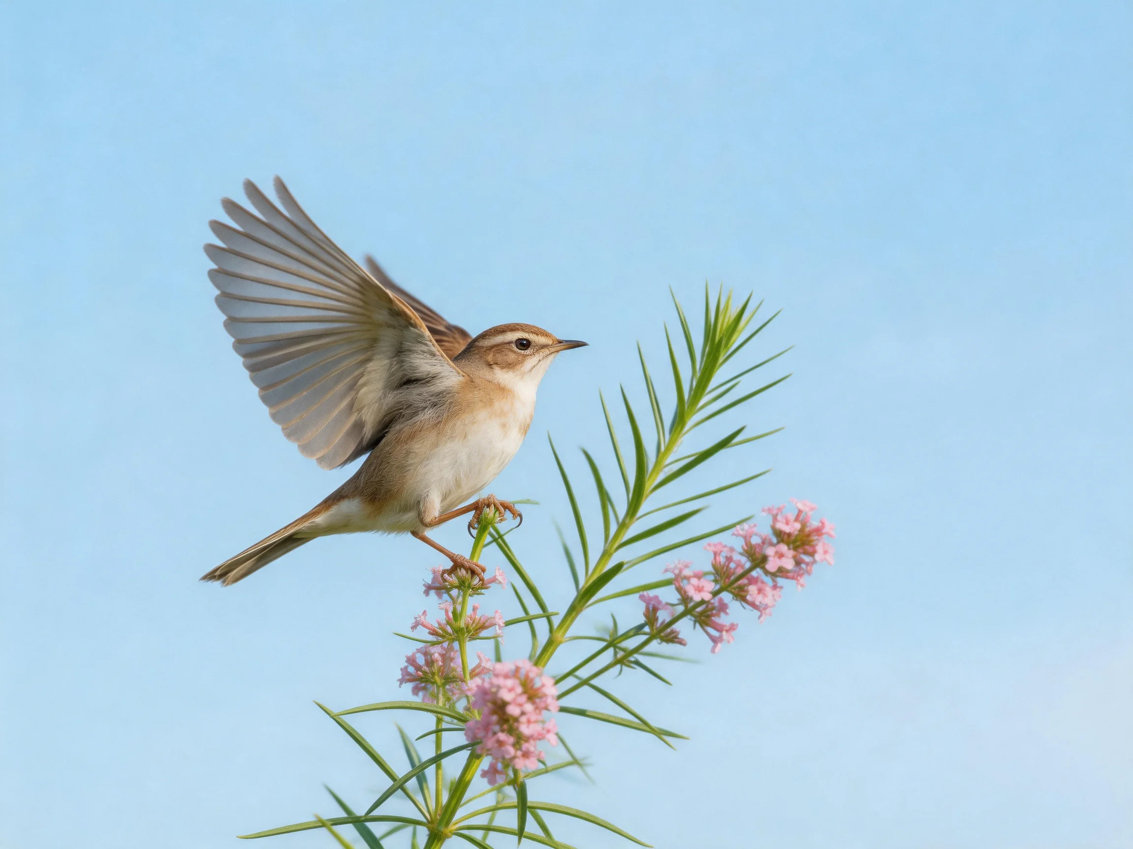 A small brown bird taking flight near pink flowers on green foliage