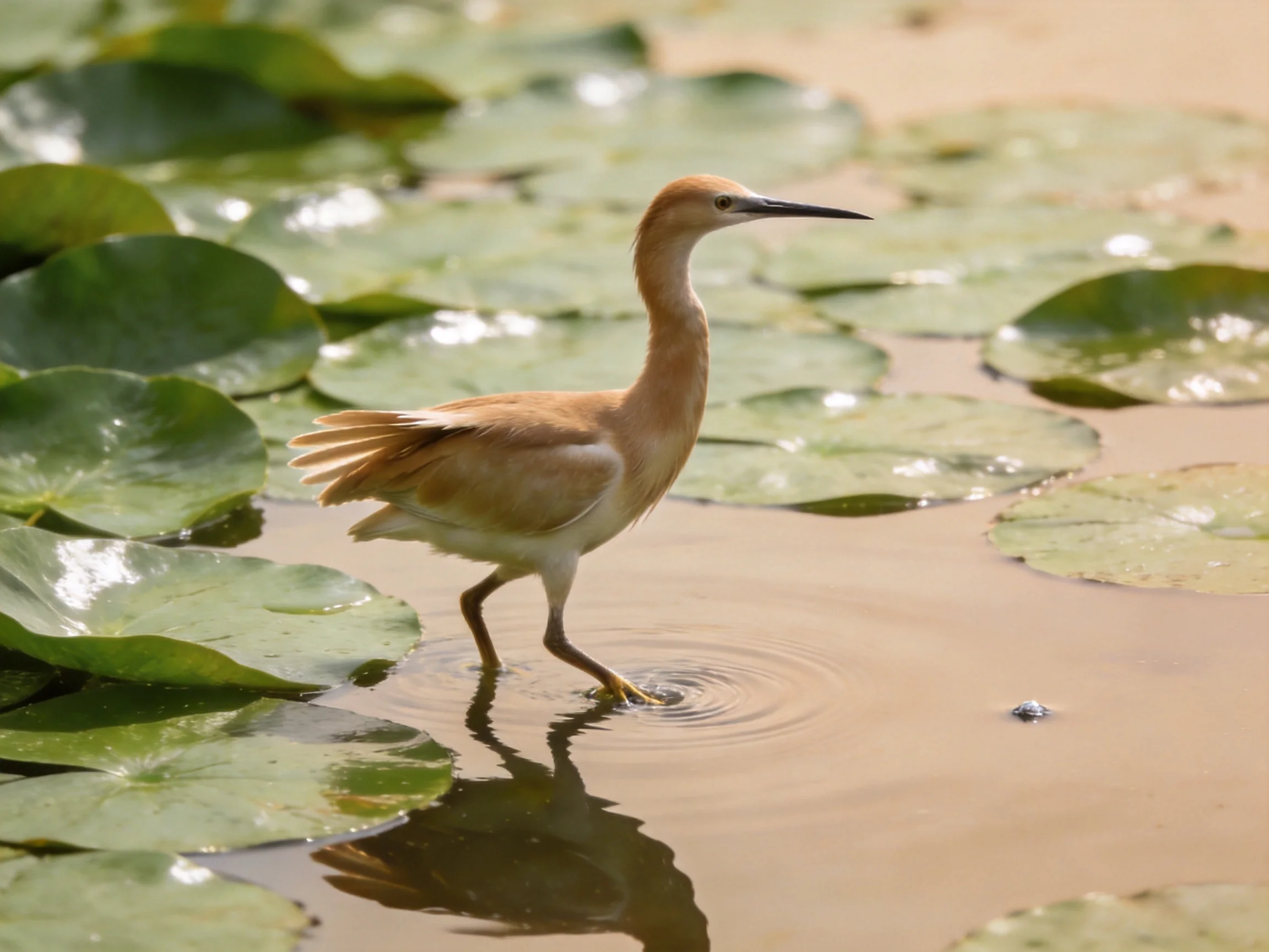 A small brown bird wades through lily pad-filled shallow water