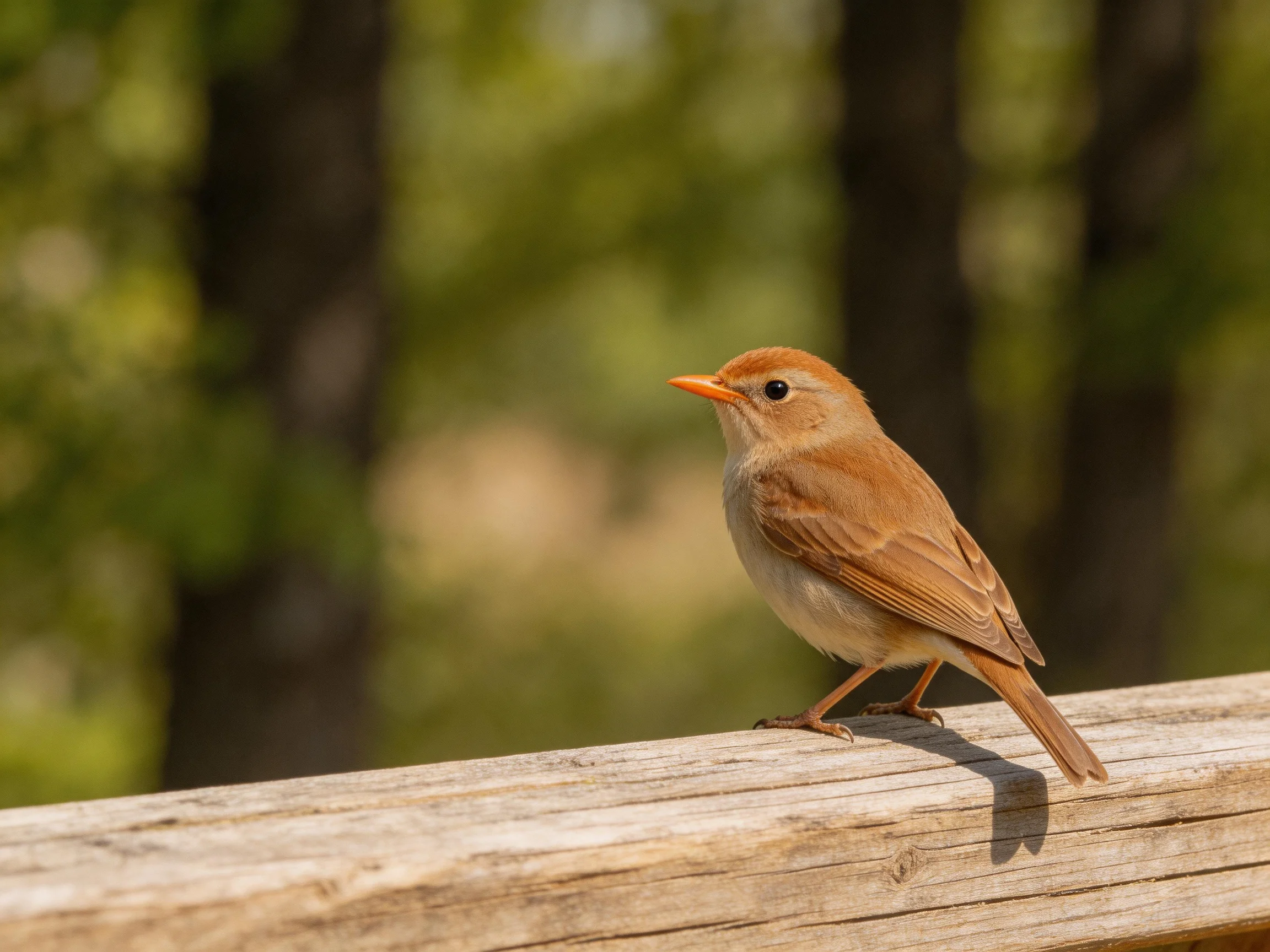 A small brown bird with an orange beak rests on a weathered wooden beam amid a forest backdrop