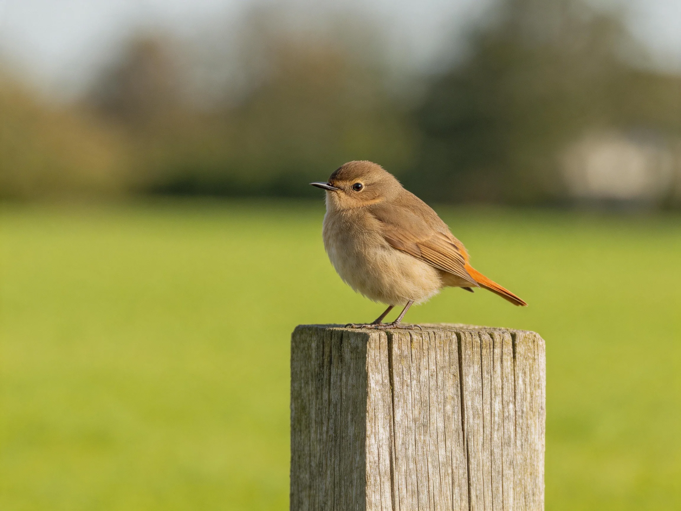 A small brown bird with an orange tail rests on a weathered wooden post in a green landscape.