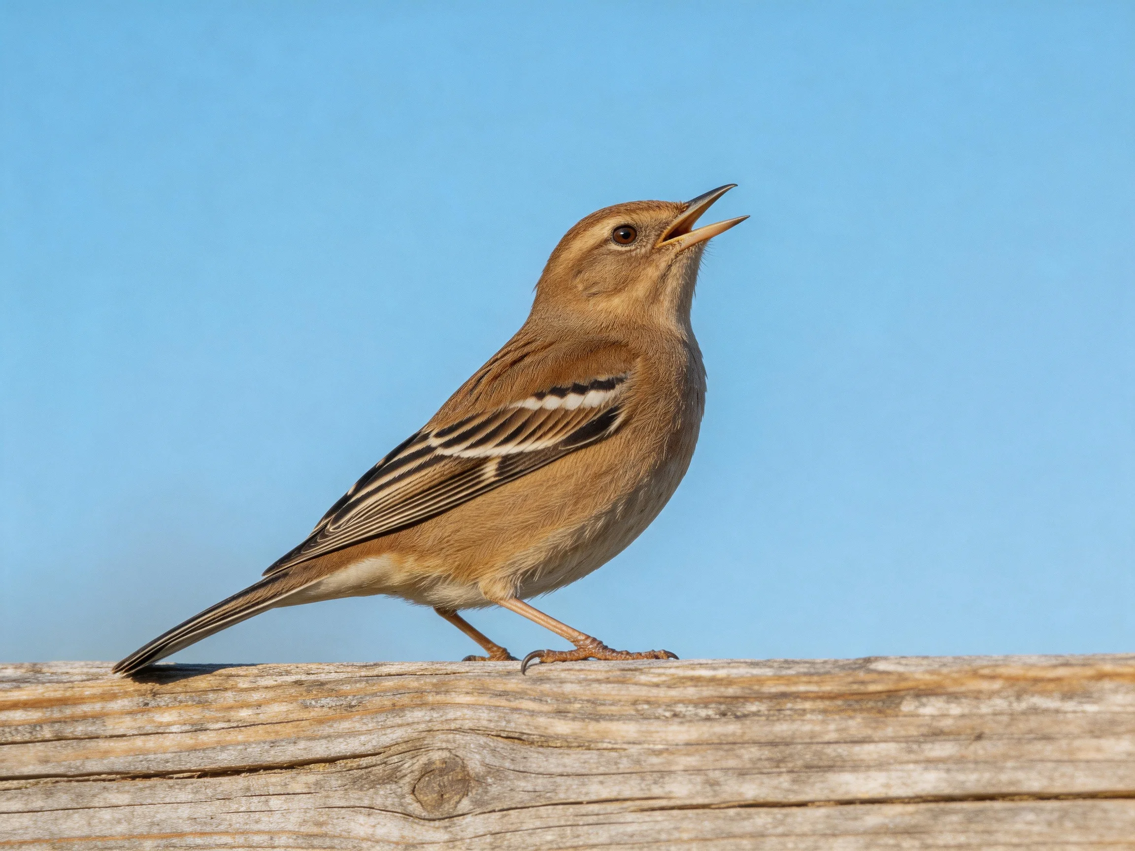 A small brown bird with black-and-white wing markings perched on weathered wood