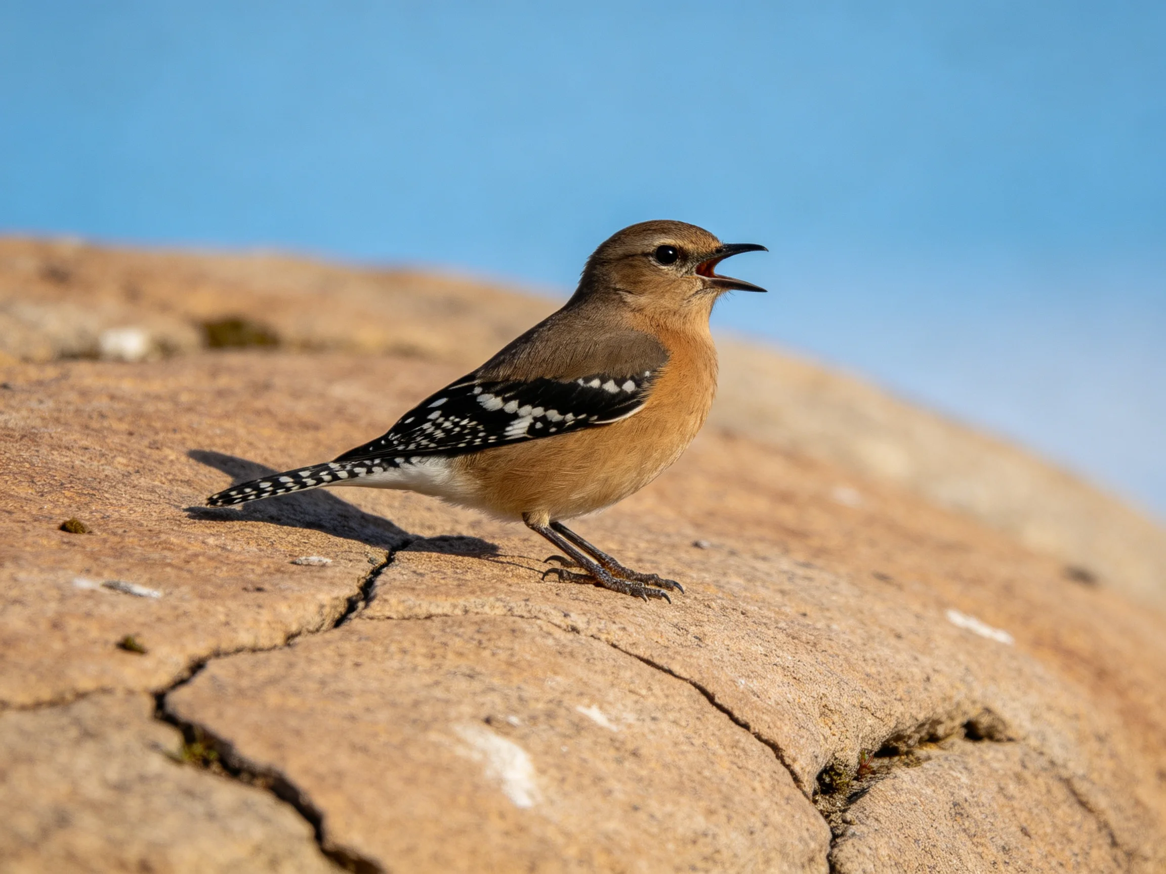 A small brown bird with black and white markings stands on a cracked rock beneath a clear blue sky.