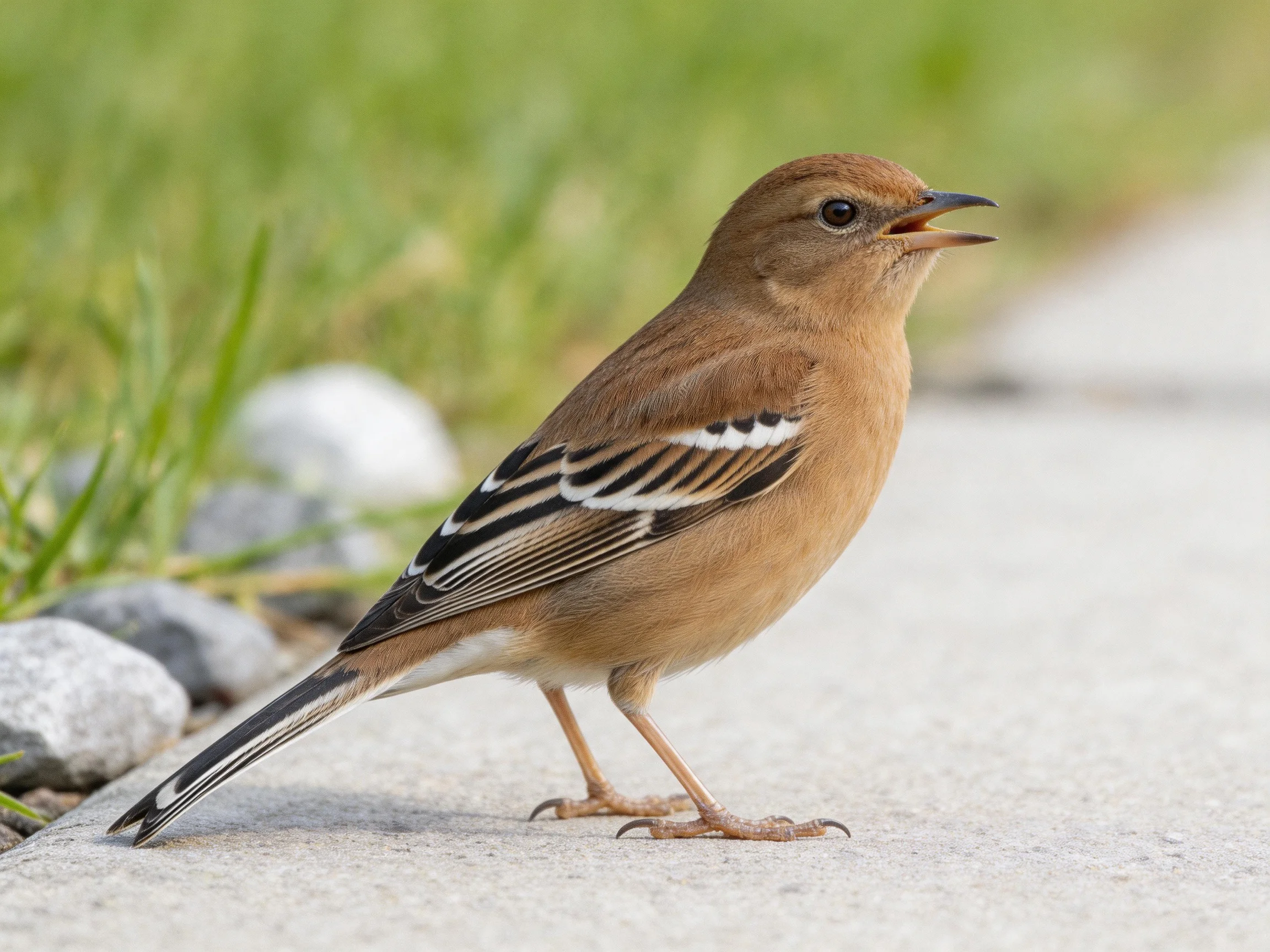 A small brown bird with black and white wing stripes stands on a concrete path near grass.