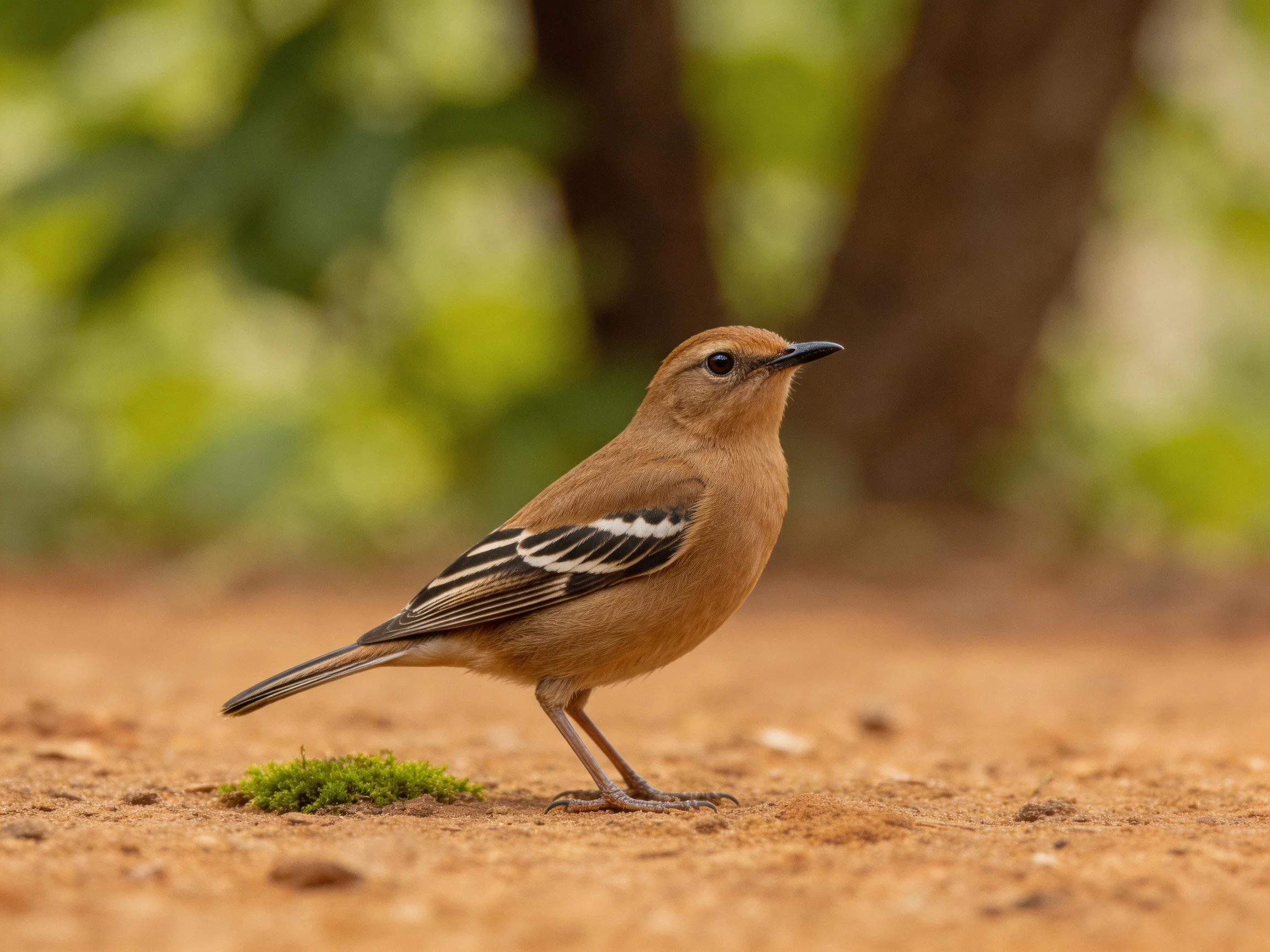 A small brown bird with black-and-white wings on earthy terrain