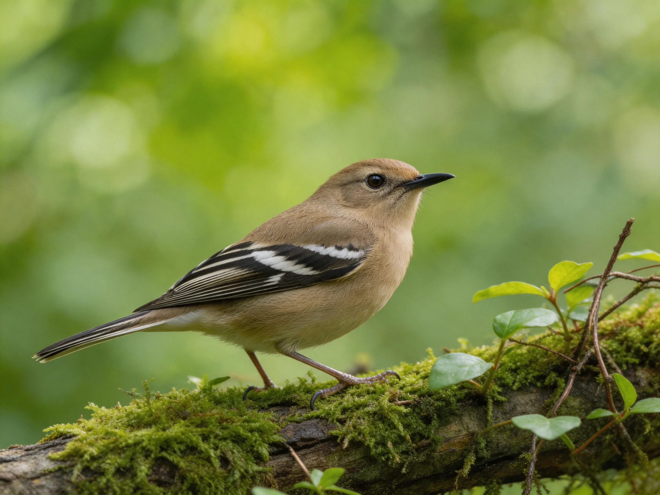 A small brown bird with black-and-white wings perches on a mossy branch amid lush greenery