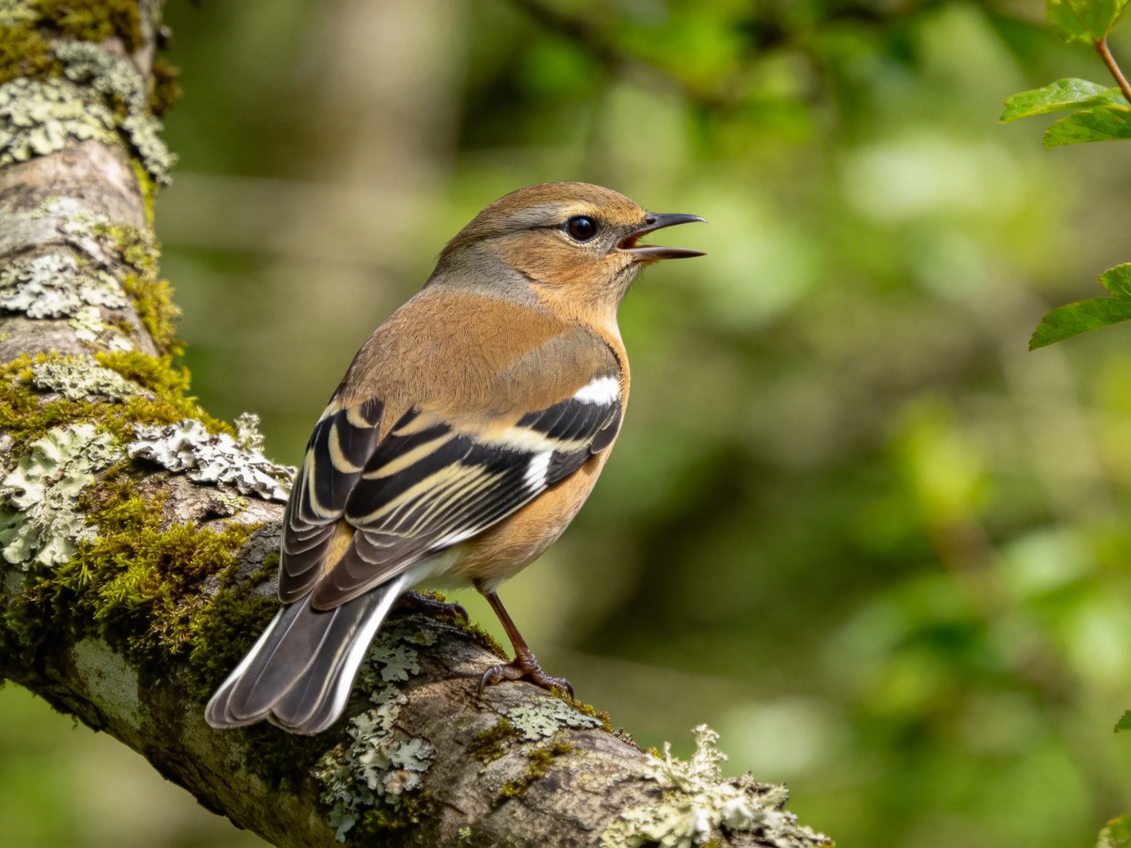 A small brown bird sings while perched on a moss-covered tree branch in nature.