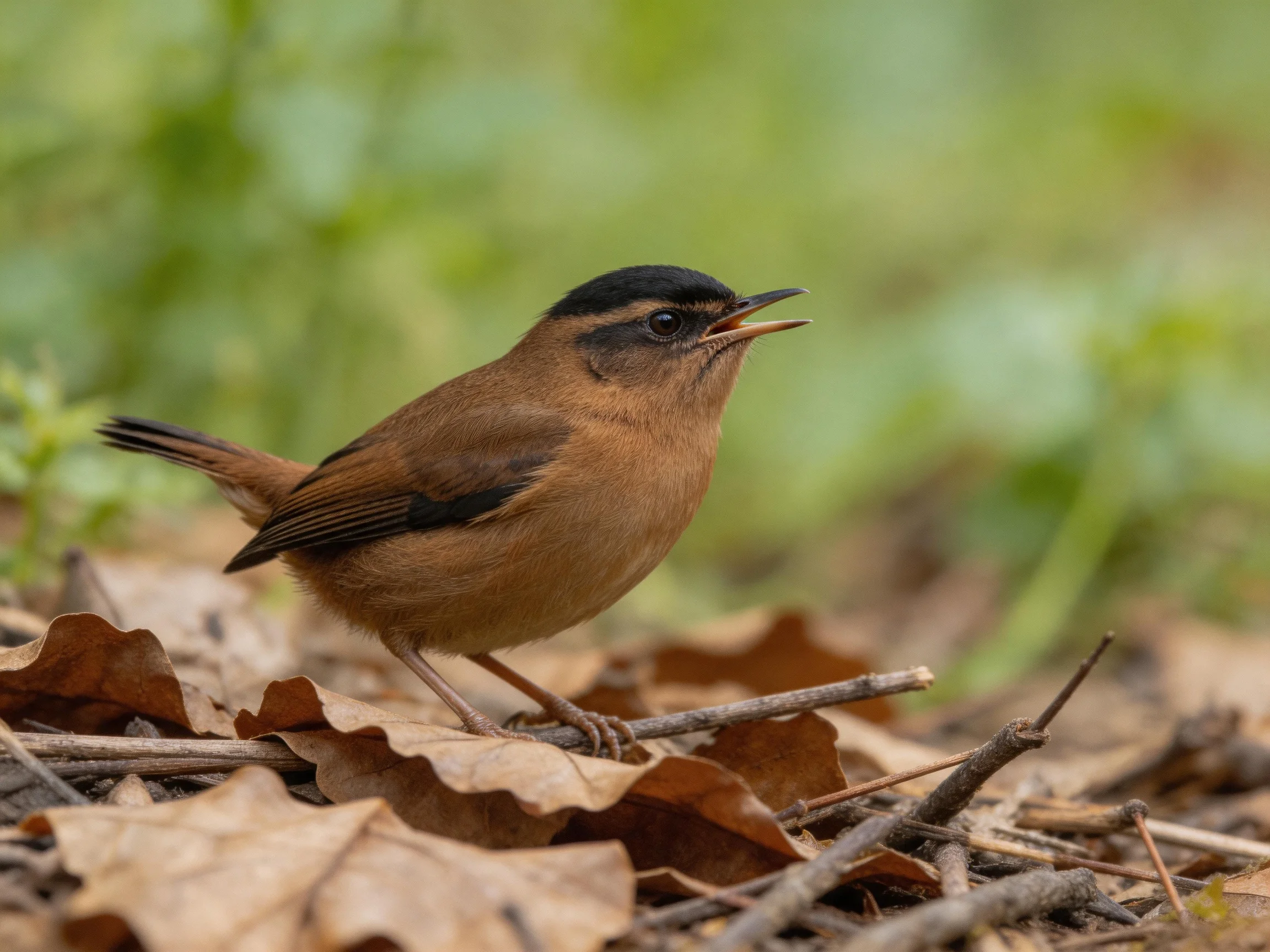 A small brown bird with black head markings stands among dry leaves
