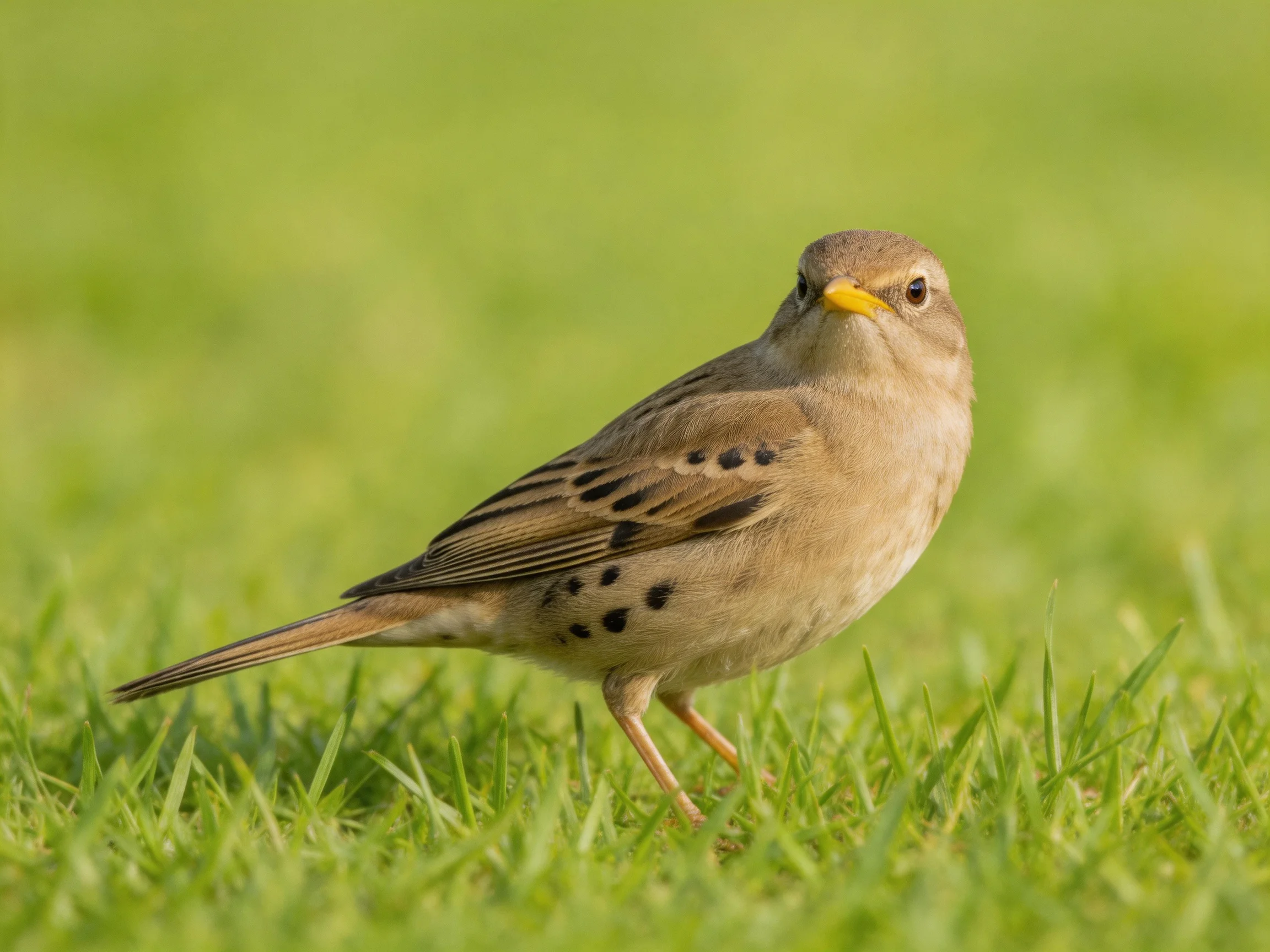 A small brown bird with black-spotted wings on lush green grass