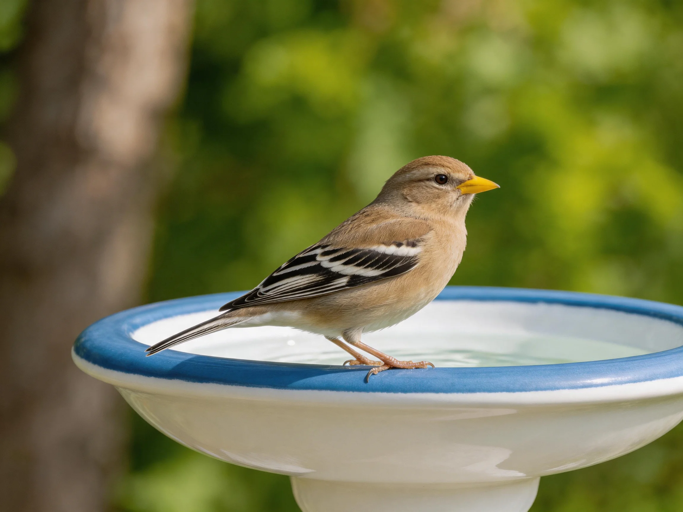 A small brown bird with a yellow beak rests on a blue - white birdbath in a green outdoor area.