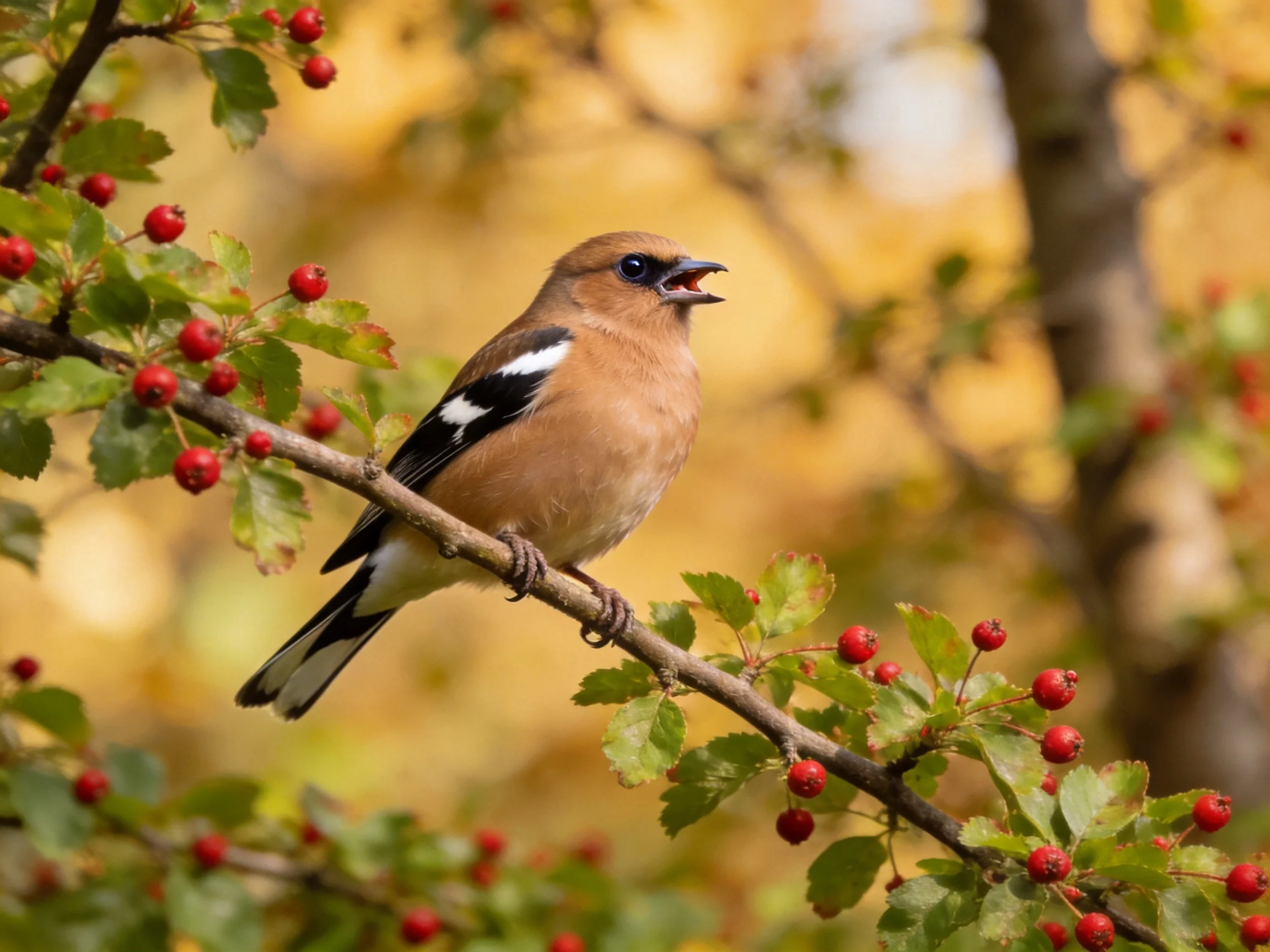 A small brown bird with black white markings perches among red berries on a tree branch