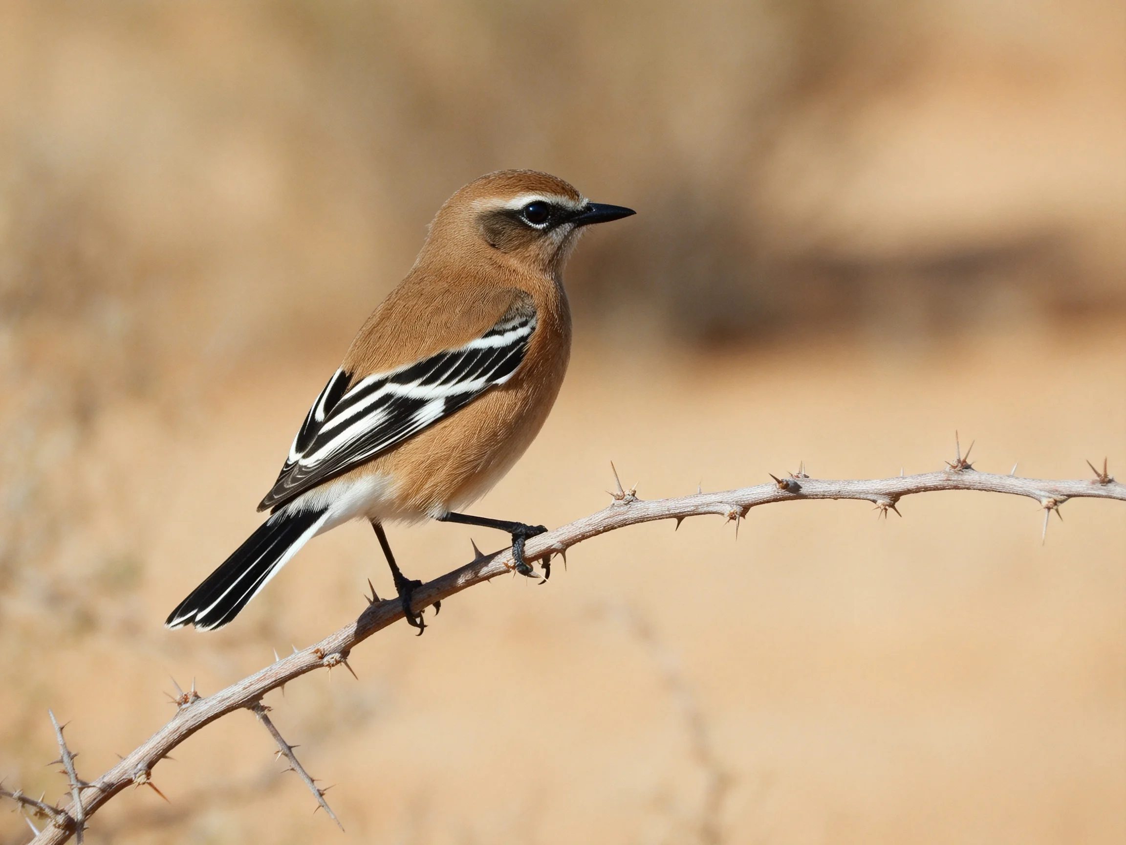 A small brown bird with black-white wings perches on thorny branch