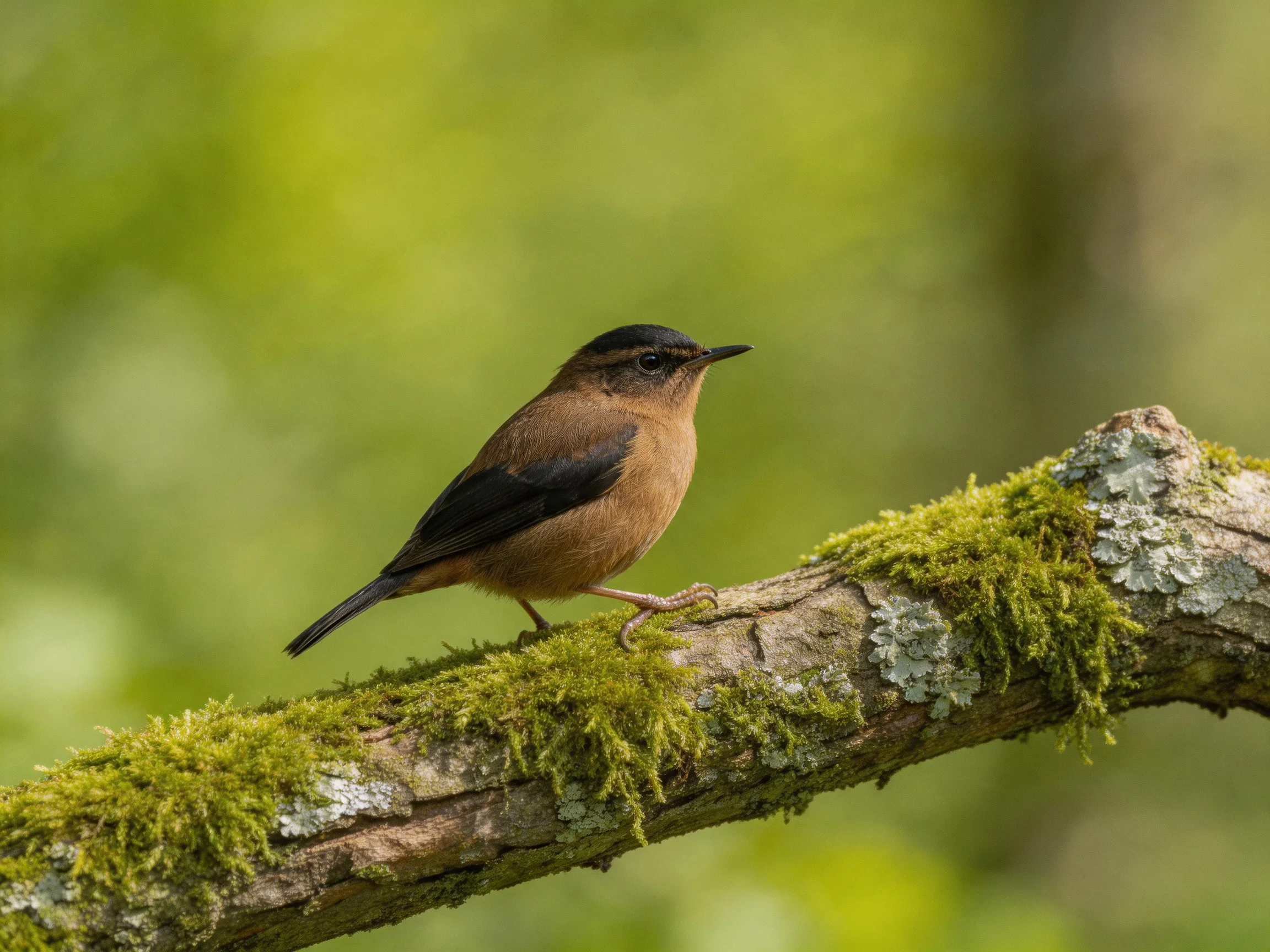 A small brown bird with black wings perches on a mossy branch