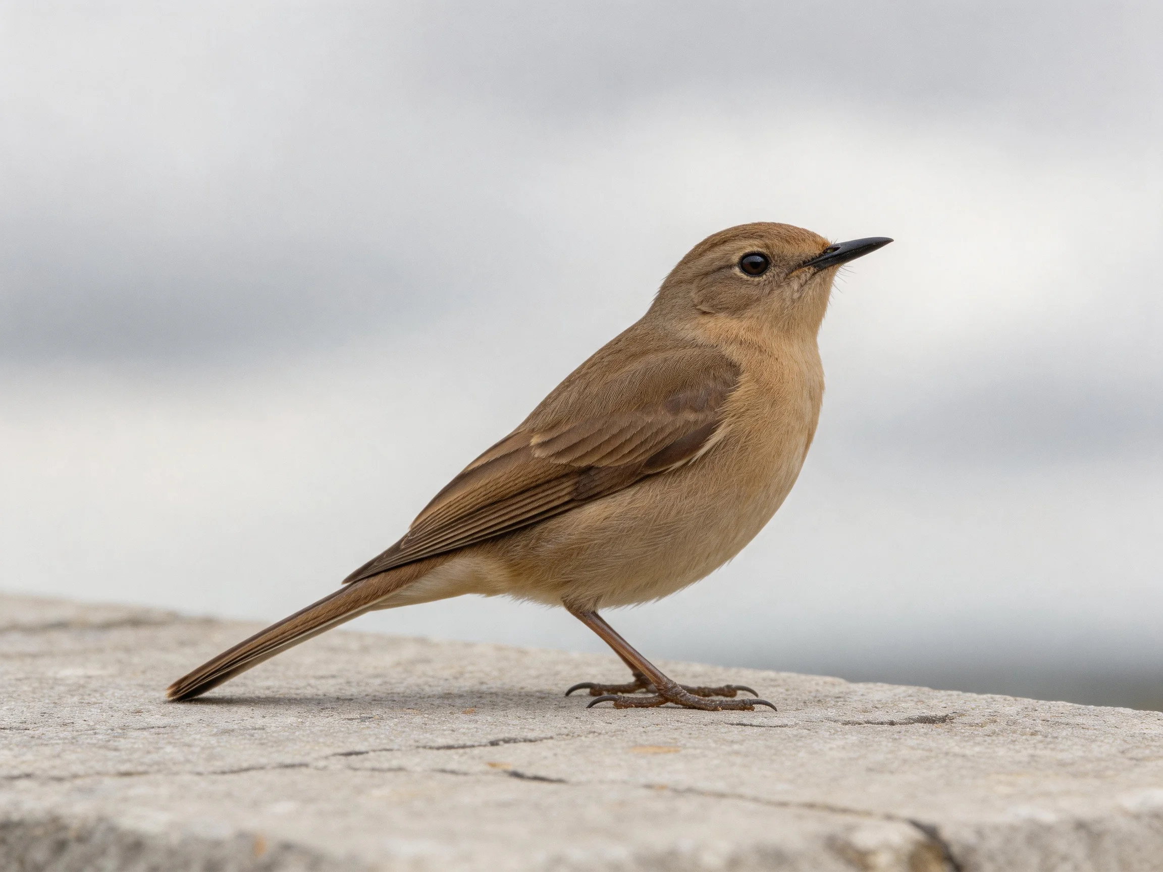 A small brown bird with long tail perched on a stone ledge