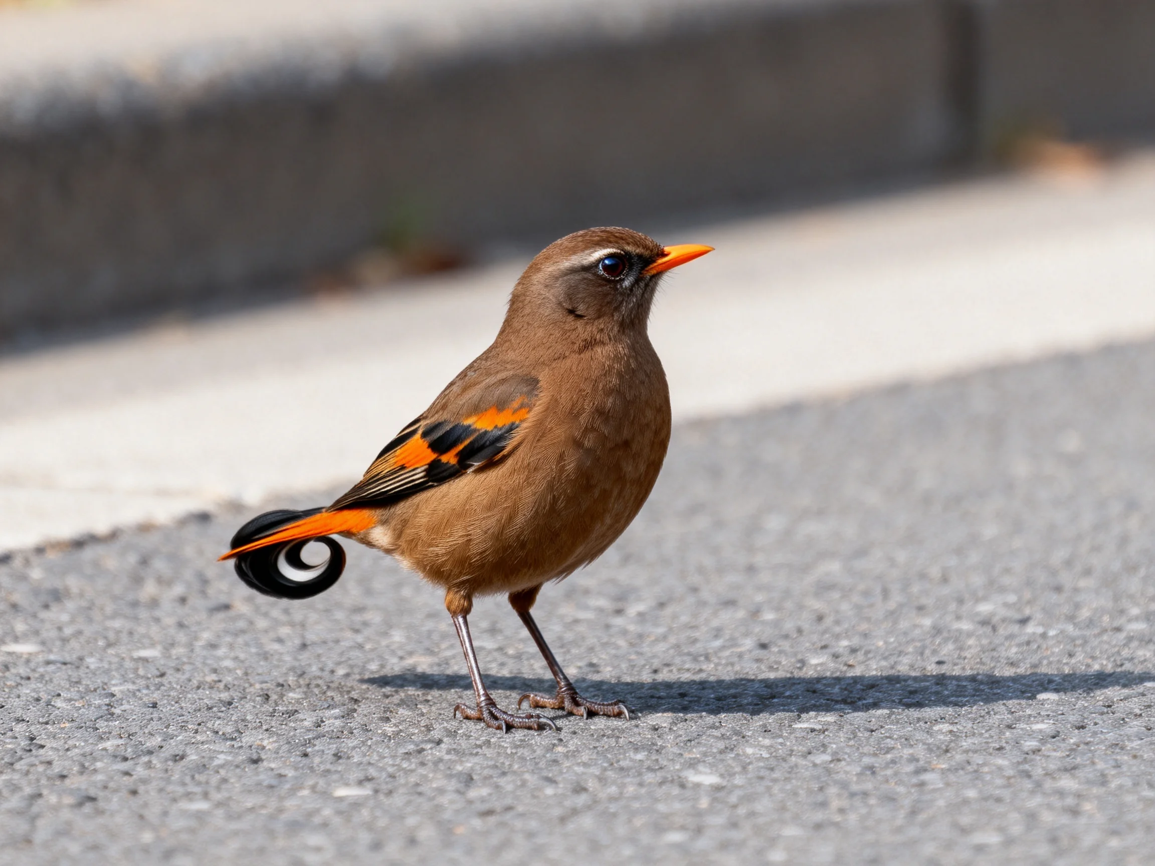 A small brown bird with colorful markings stands on pavement.