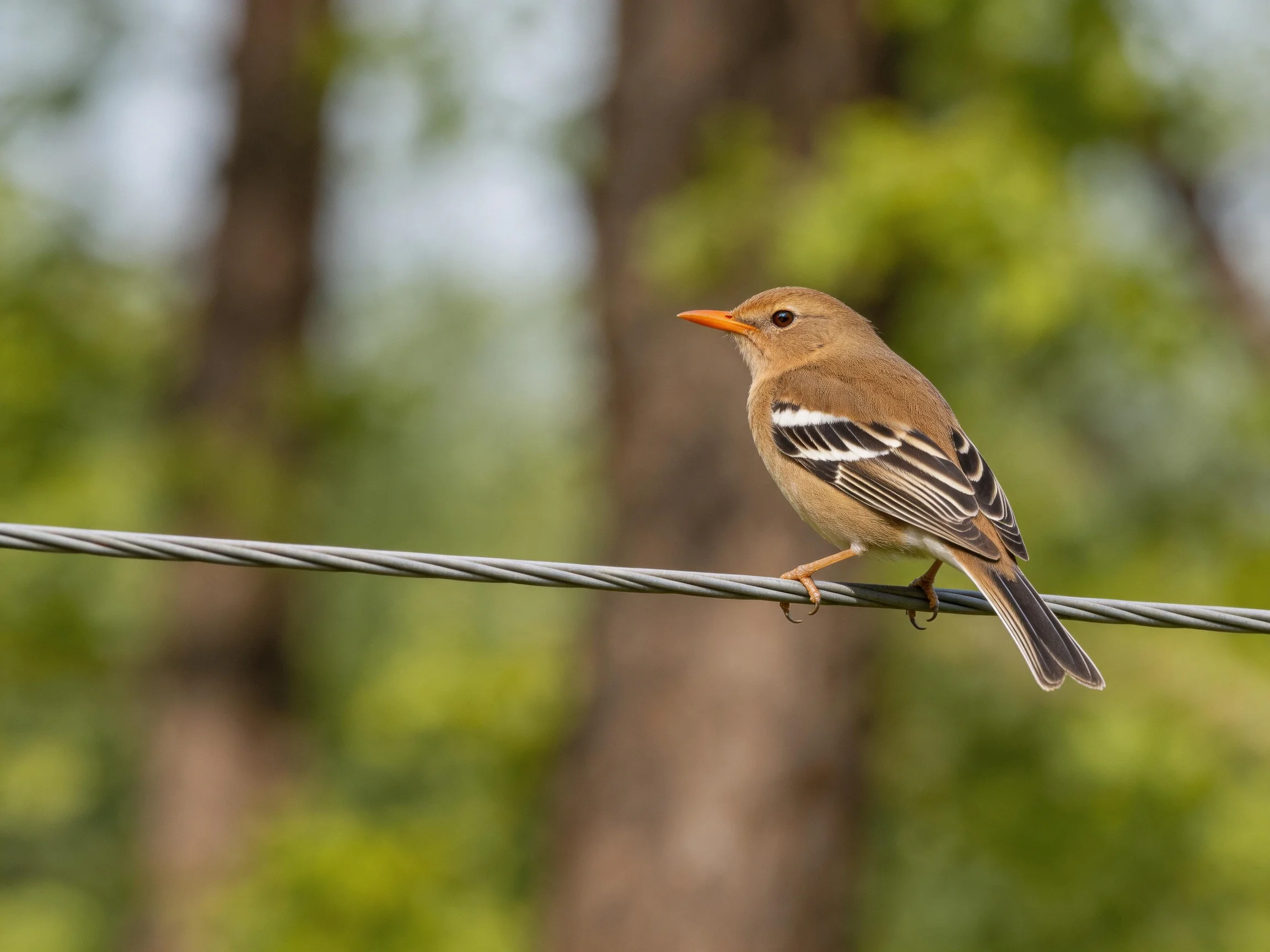 A small brown bird with an orange beak rests on a wire in a forest setting.