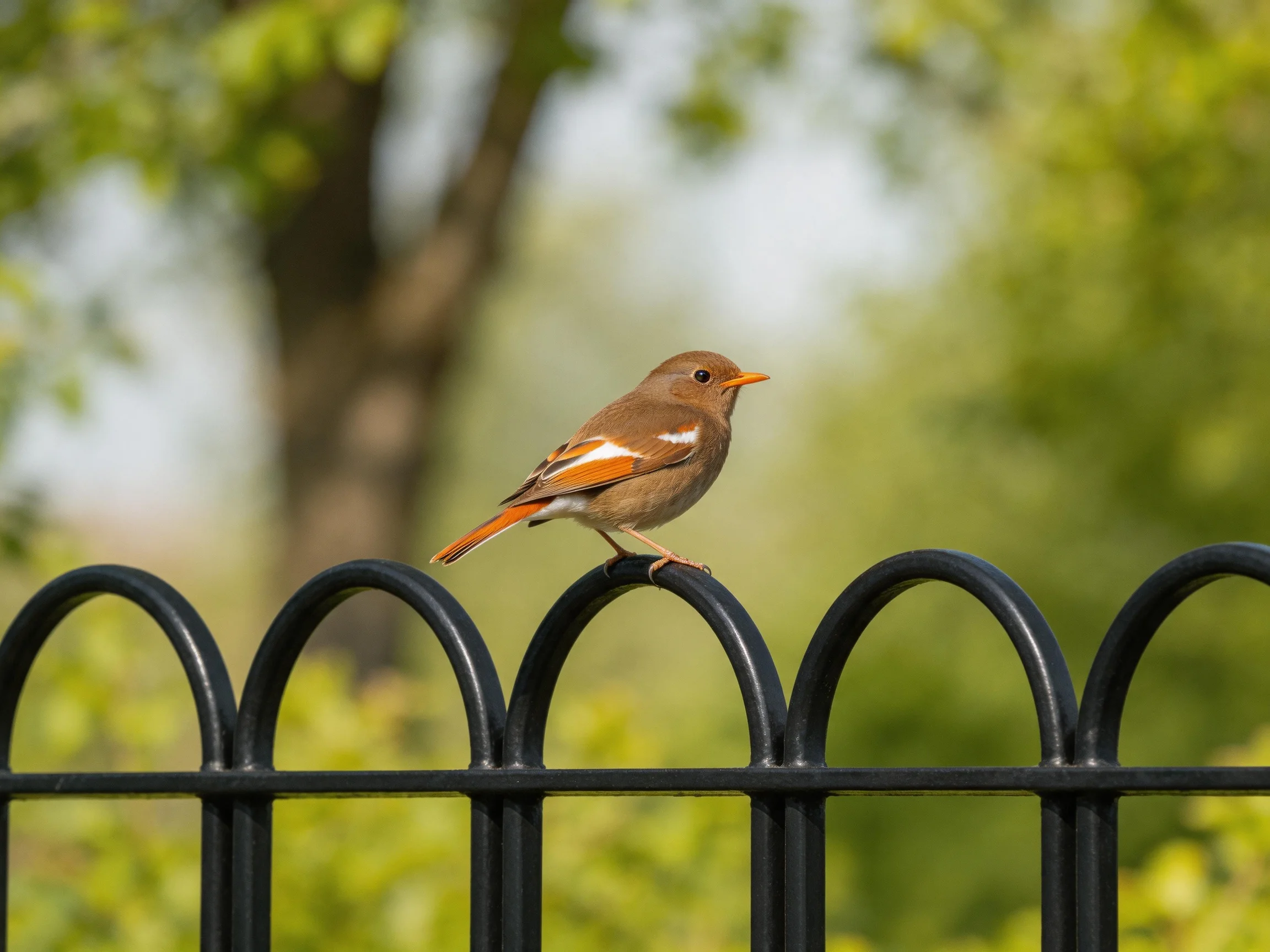 A small brown bird with orange accents sits atop a black arched fence in a green, leafy environment.