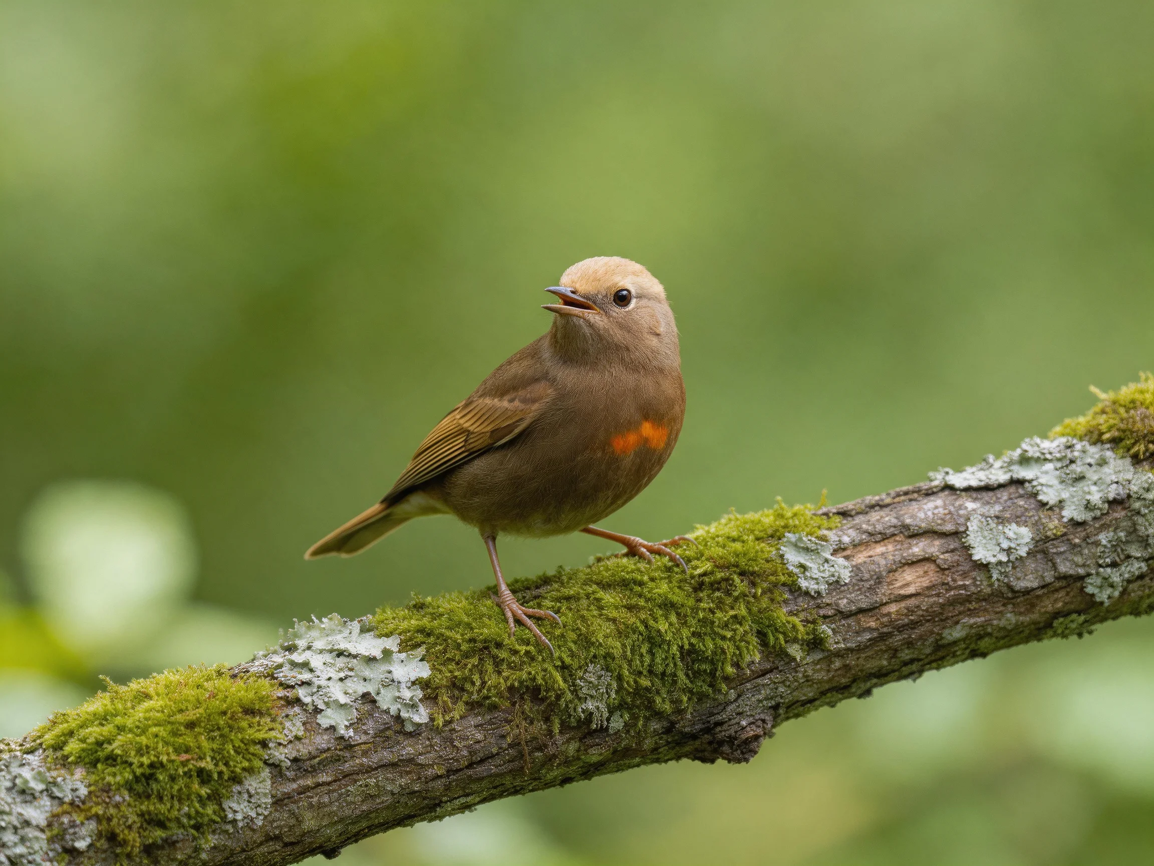 A small brown bird with orange markings perches on a mossy branch