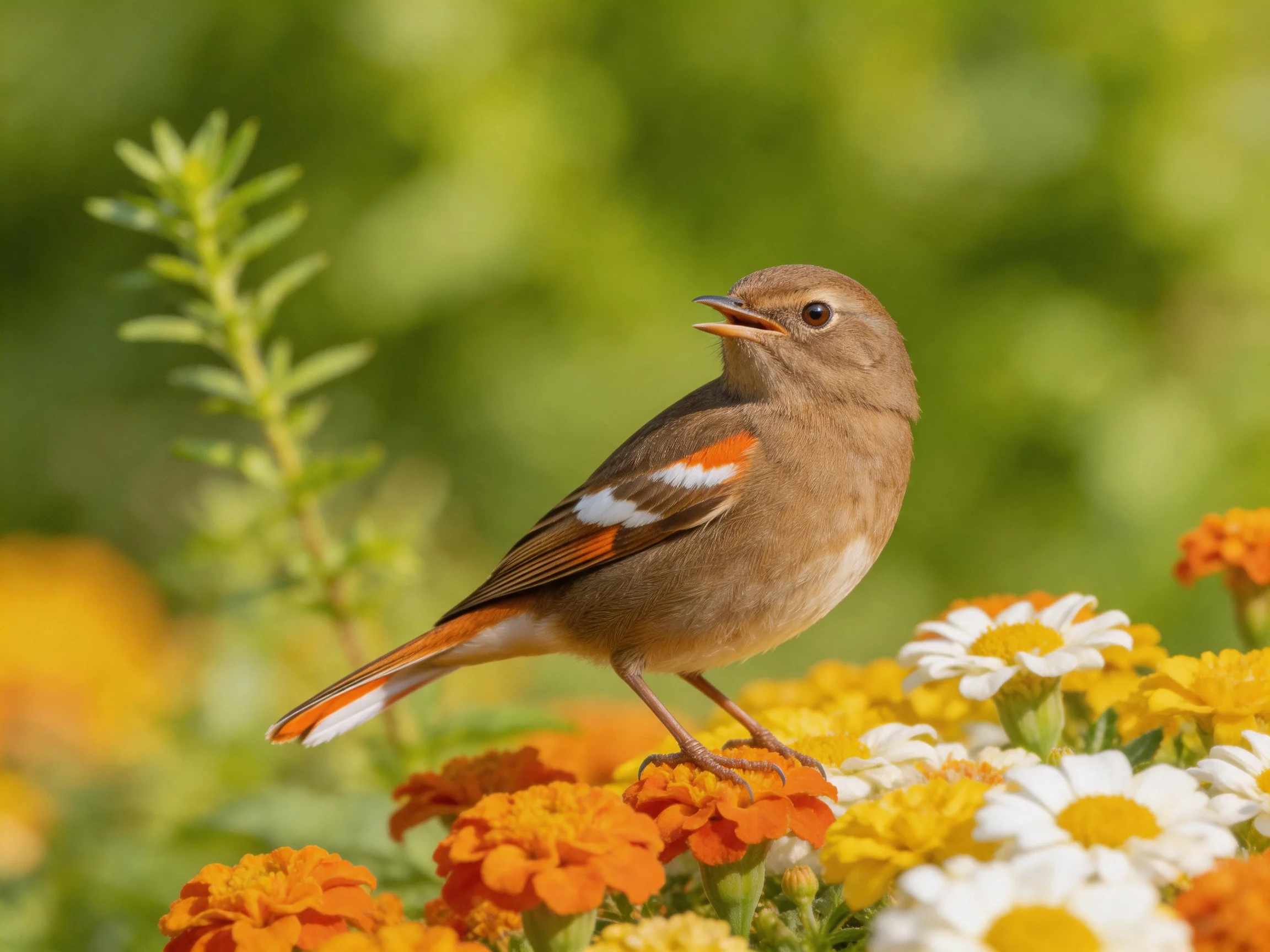 A small brown bird with orange markings rests among vibrant flowers.