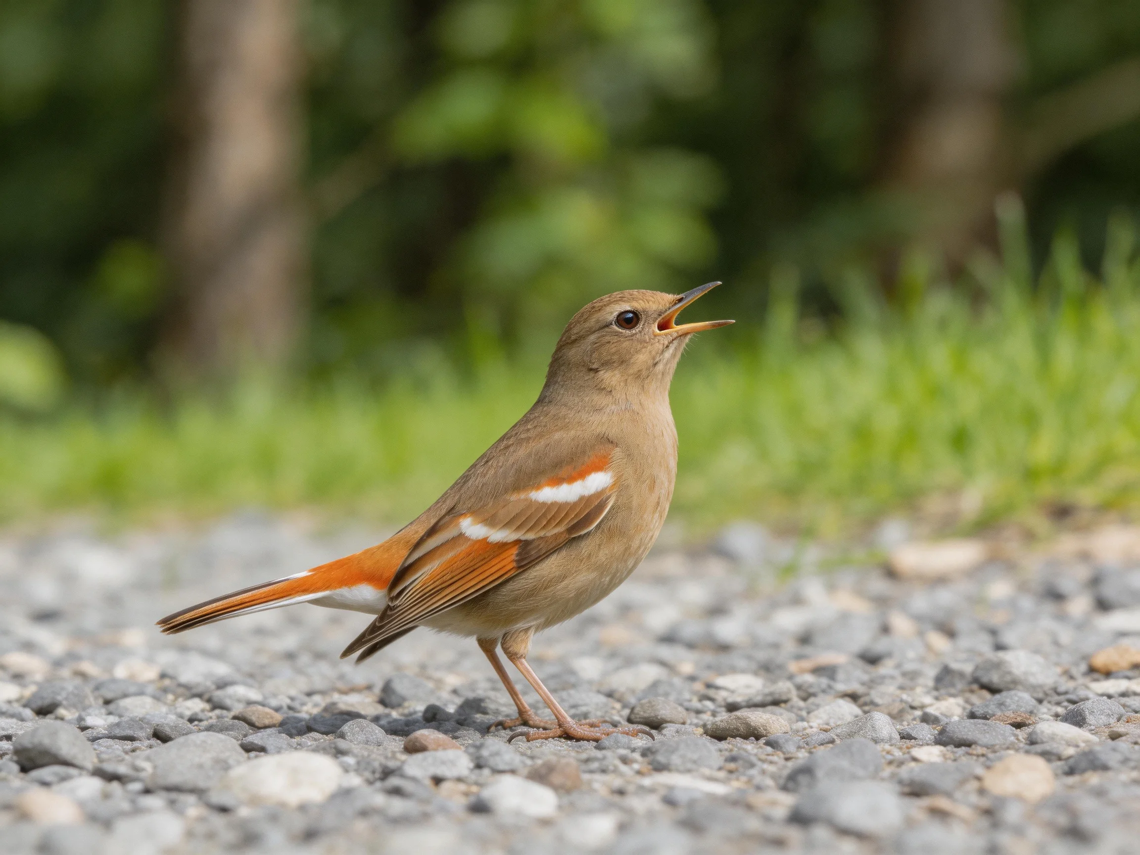 A small brown bird with orange markings stands on gravel near green vegetation.