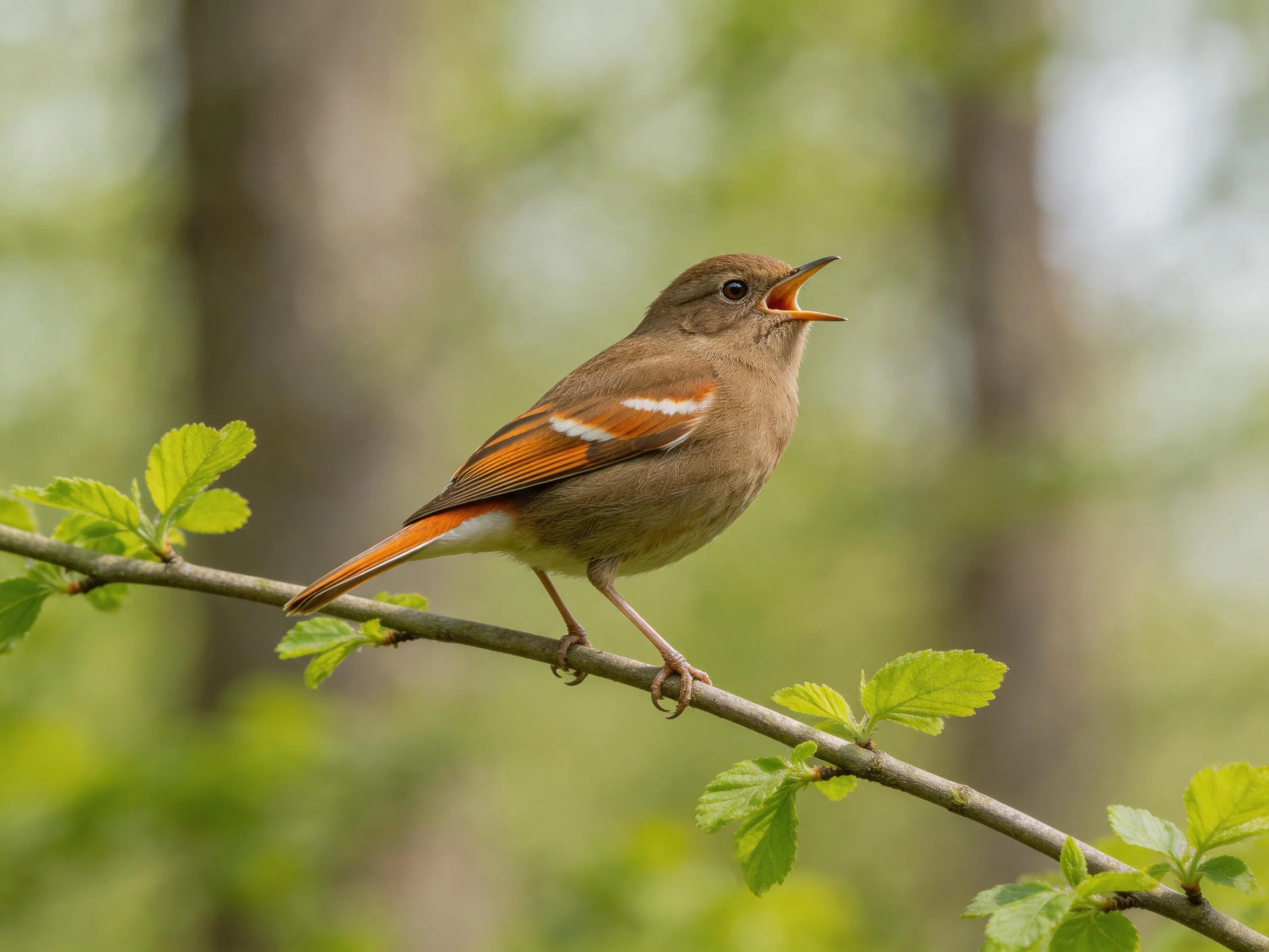 A brown bird sings on a leafy branch with orange wing patches.