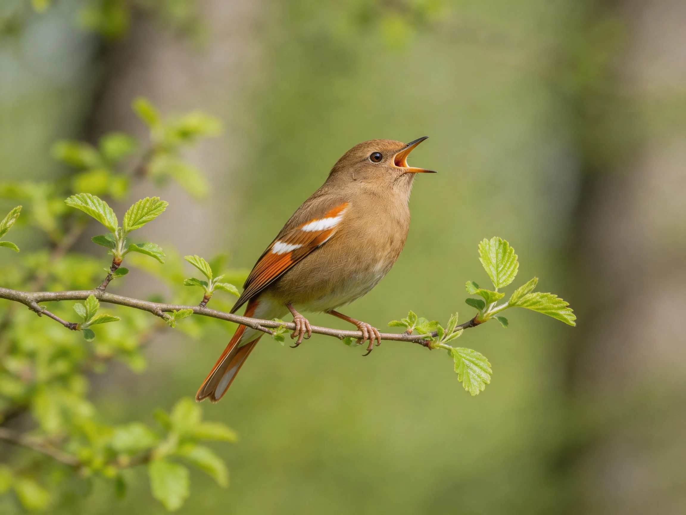 A small brown bird sings while perched on a branch with fresh green leaves.