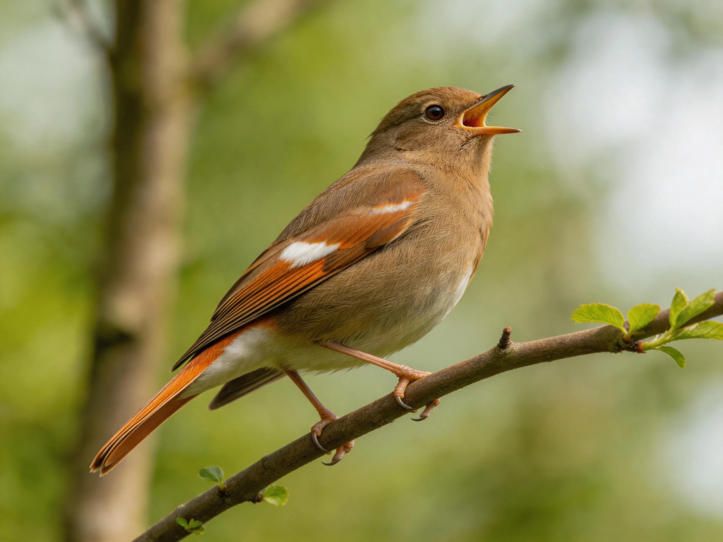 A small brown bird sings while perched on a leafy branch