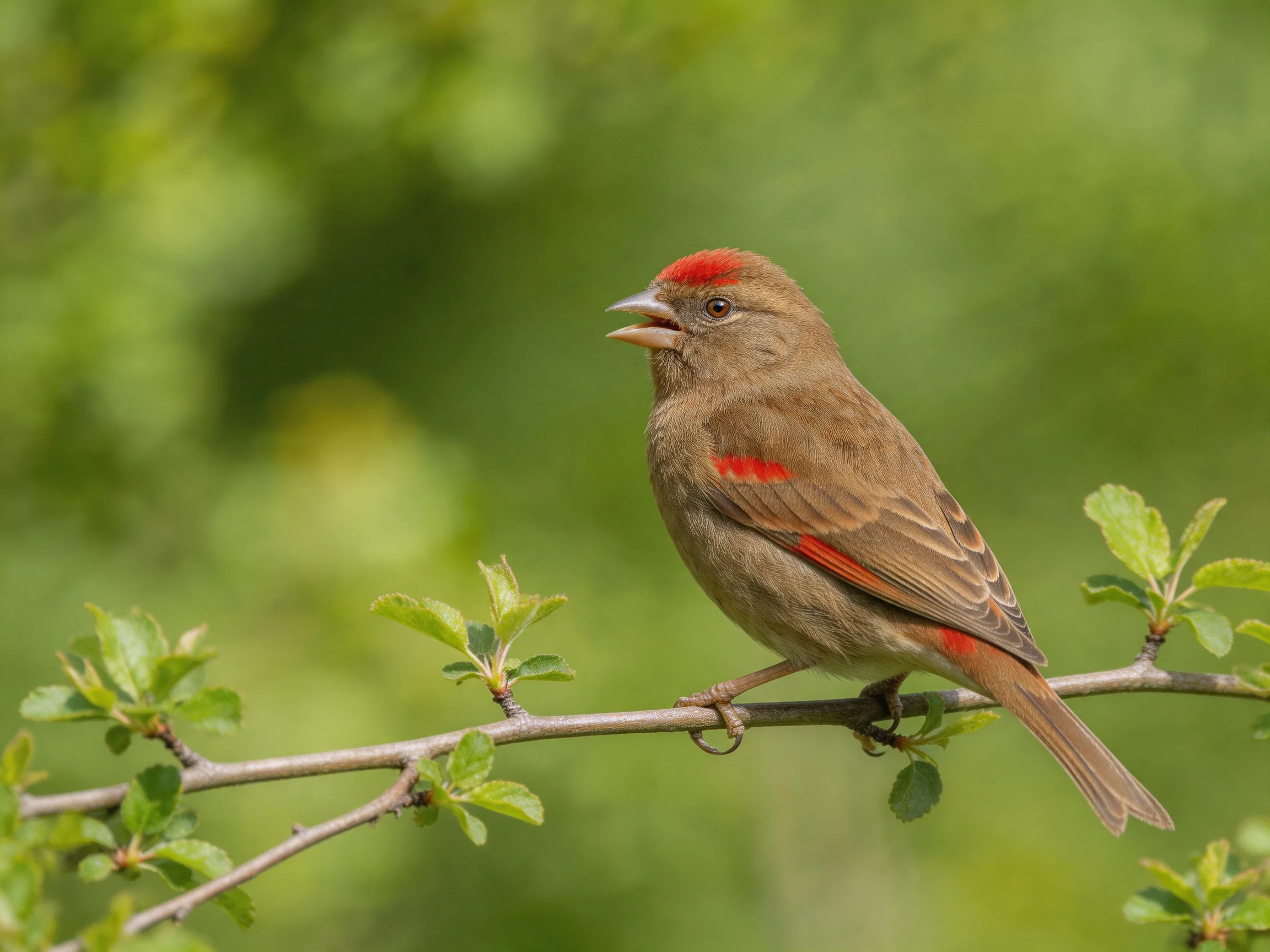 A small brown bird with red markings rests on a branch amid green foliage.