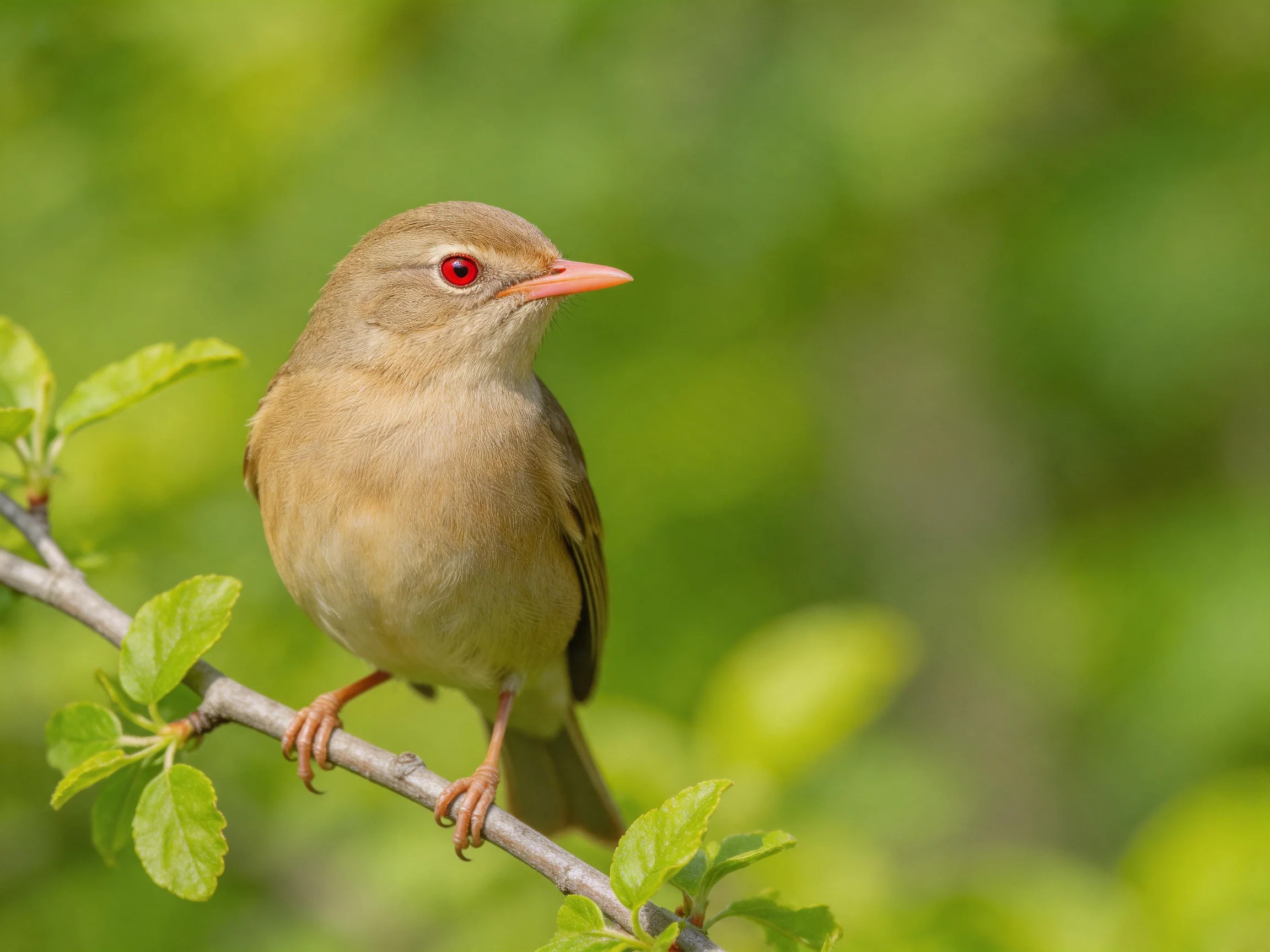 A small brown bird with red eyes perches on a leafy branch