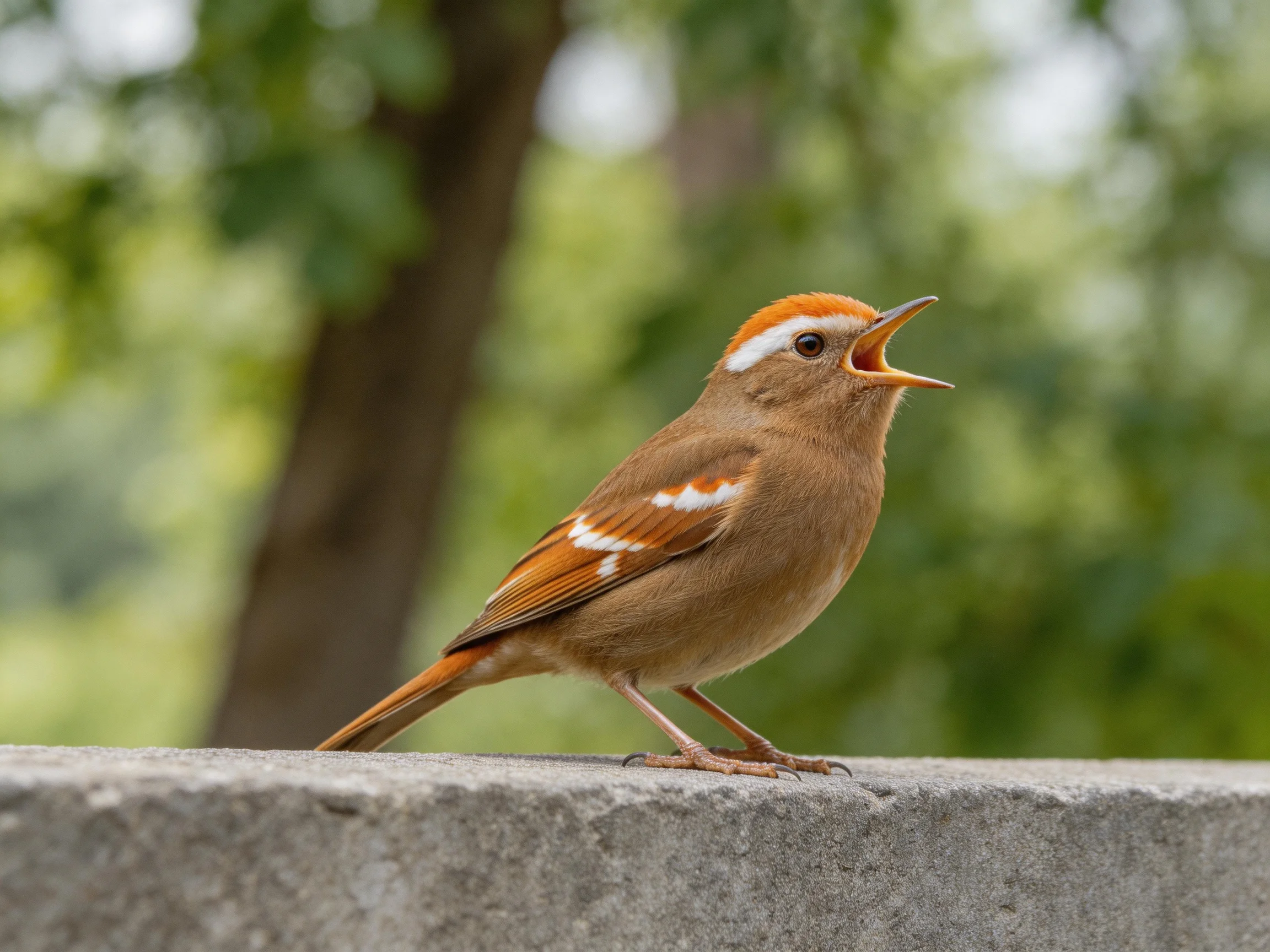 A small brown bird with reddish-orange head markings perched on concrete