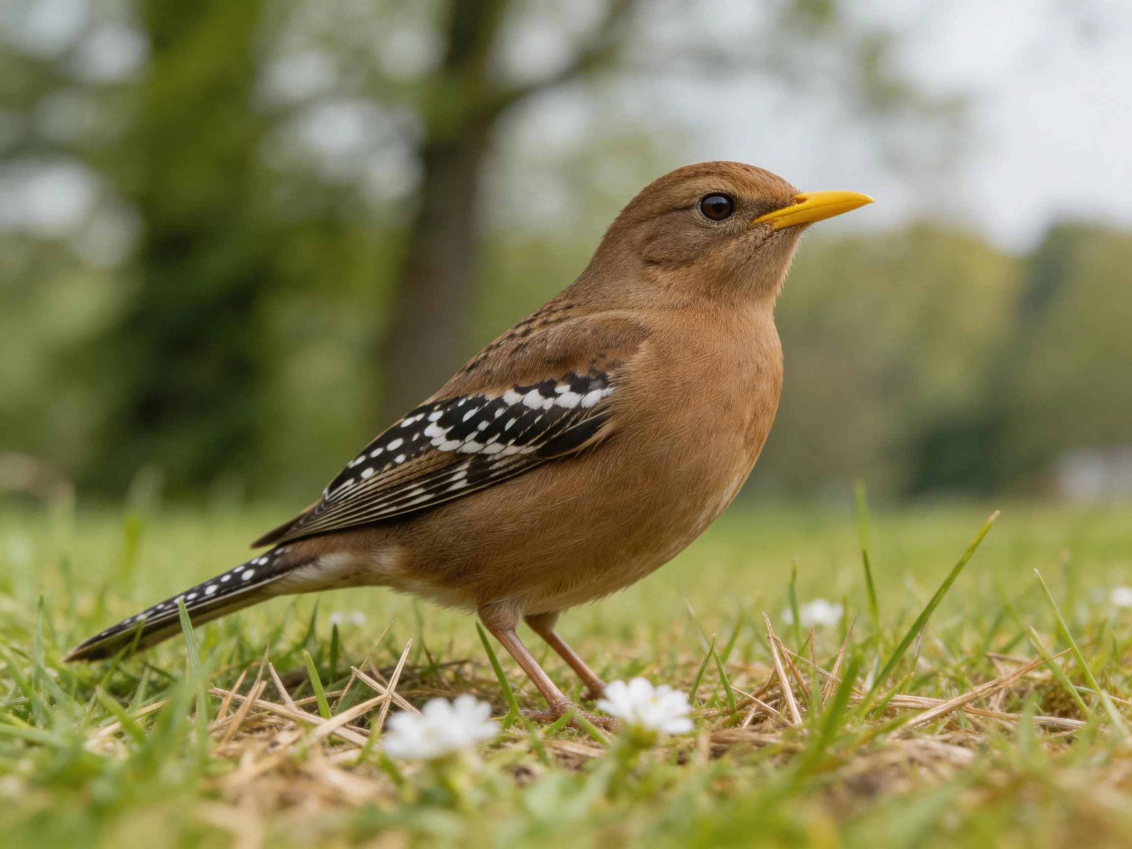 A small brown bird with spotted wings and a bright yellow beak