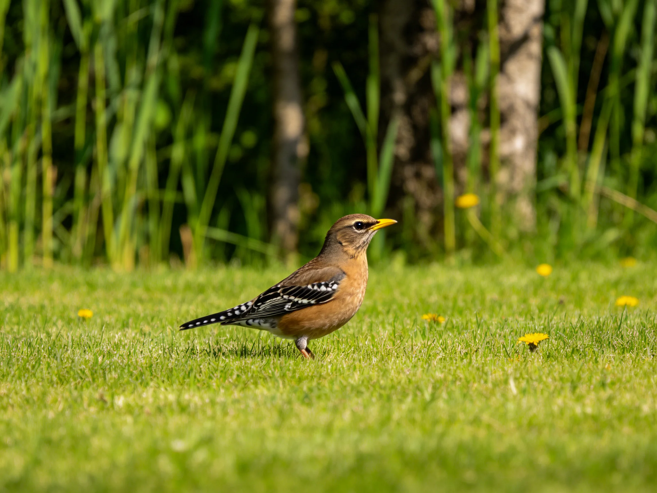 A small brown-spotted bird stands on vibrant green grass amid yellow wildflowers.