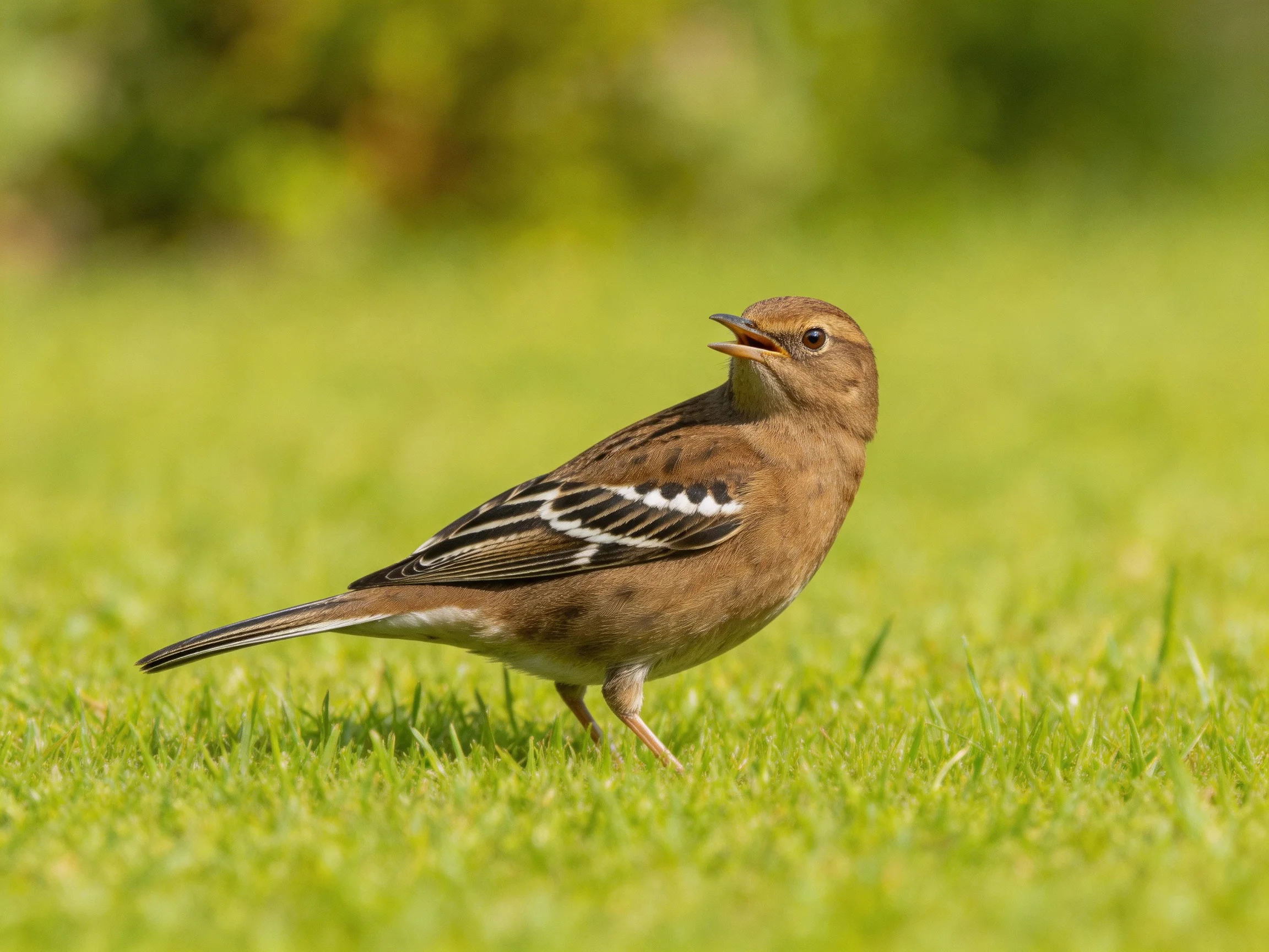 A small brown bird with striped wings on lush green grass