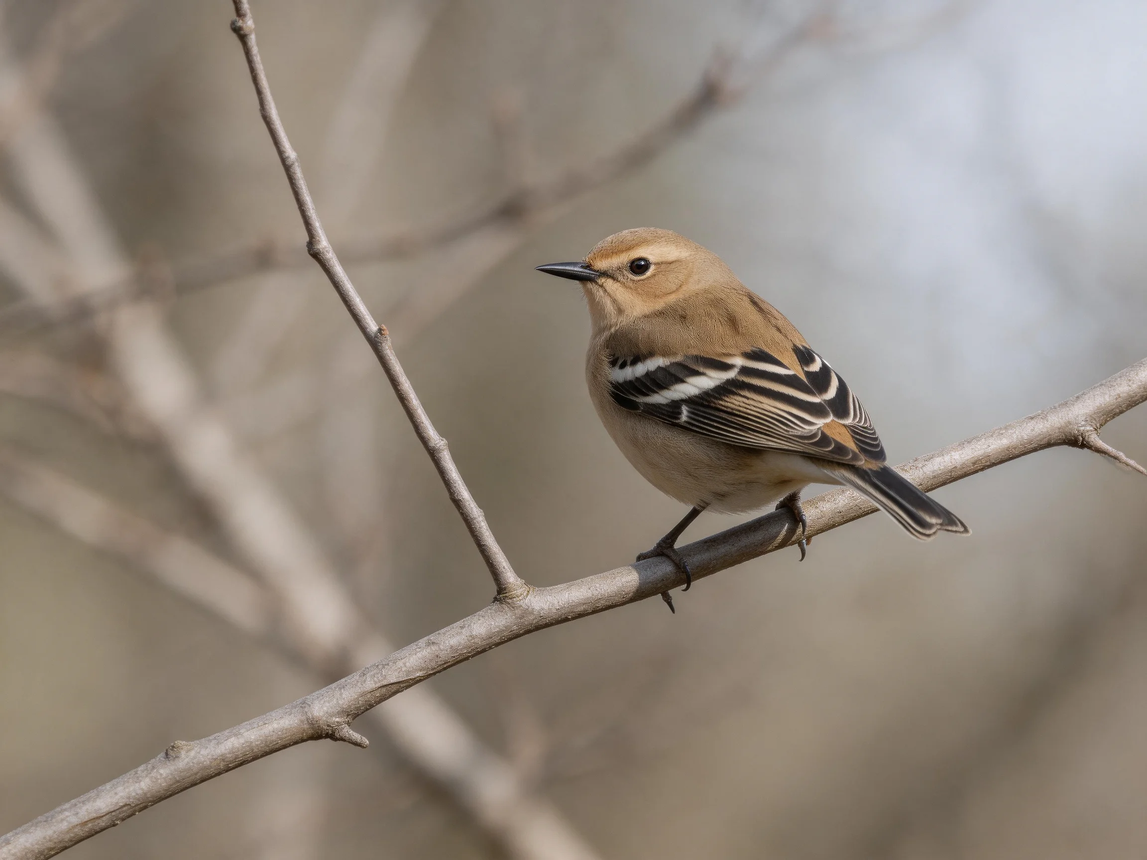 A small brown bird with striped wings perched on a bare tree branch