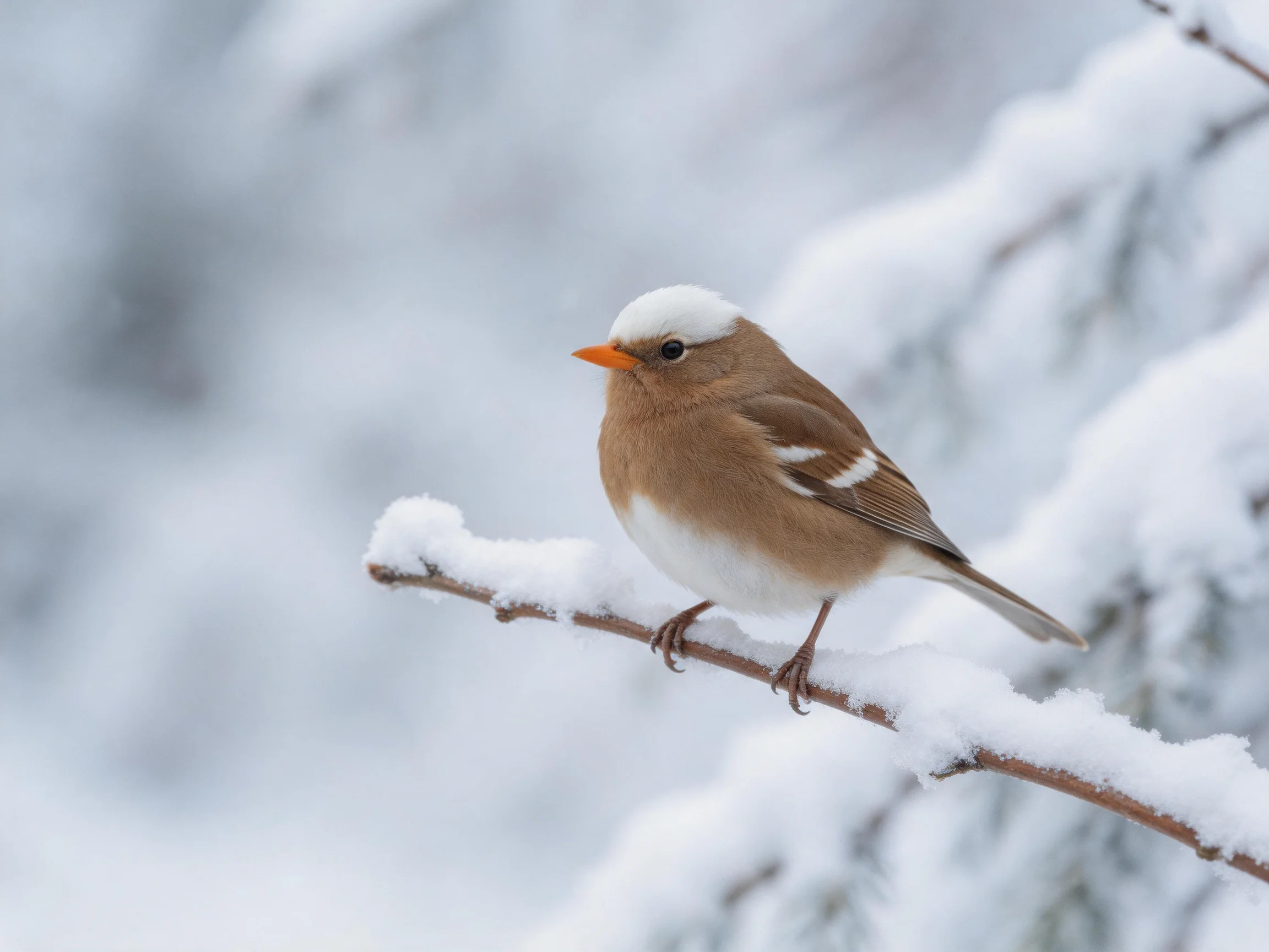 A small brown bird with white head perches on a snow-covered branch