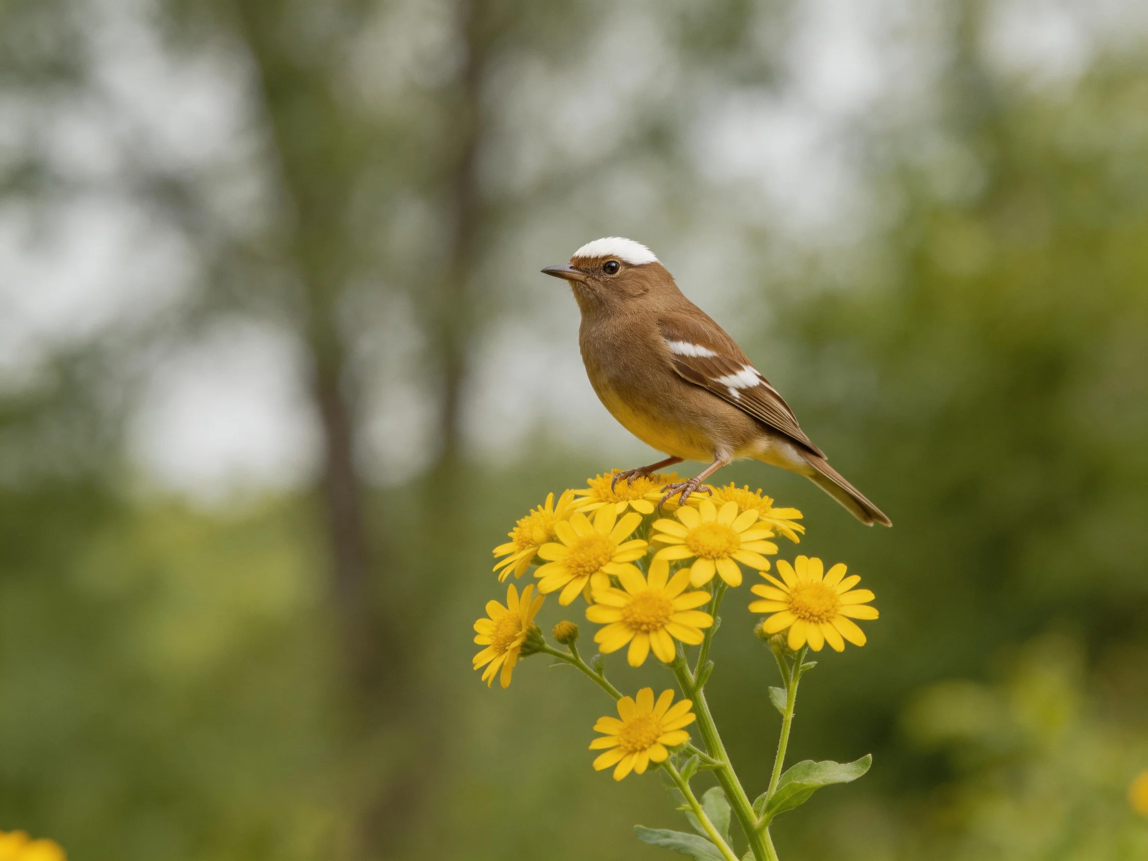 A small brown bird with white markings perches on yellow flowers