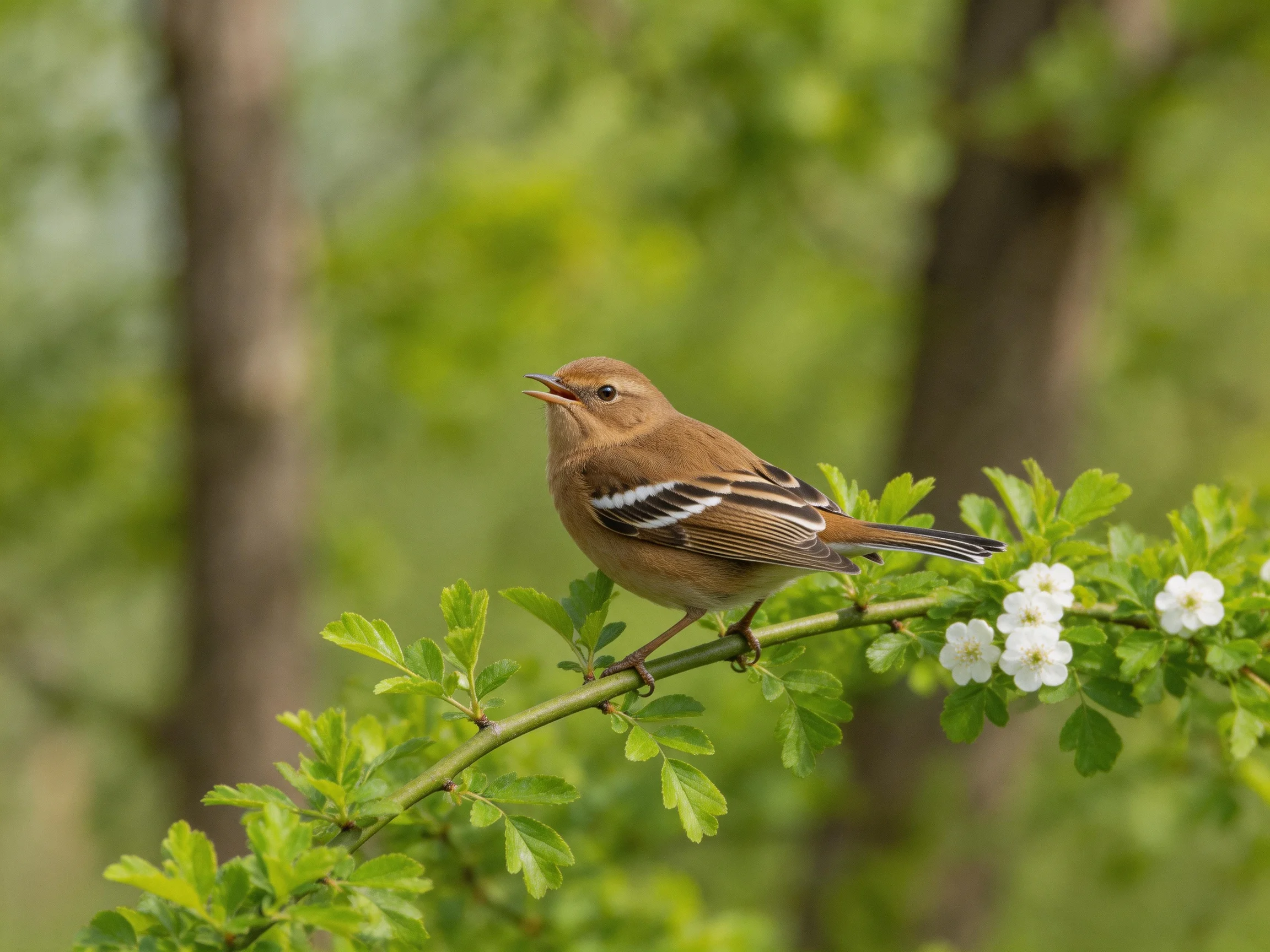 A brown bird with white wing markings rests on a leafy branch with white flowers in a forested area.
